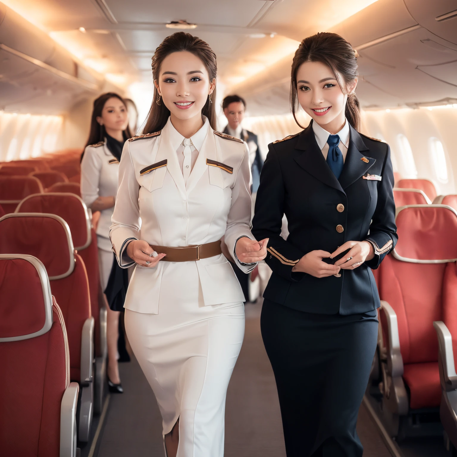 ((top-quality、masutepiece、8K、Top image quality、Hyper-Realism))、(1 photo:1.5)、((1 female stewardess、walk gracefully down the aisle、cowboy shot、Take a photo of her from the waist up))、((The background is an airplane aisle))、(the most luxurious interior、The most luxurious and exclusive airplane interiors、Luxurious royal interior、Top class seats:1.5)、(she walks the perfect aisle:1.5)、(perfect stewardess uniform:1.5)、(Exposing the forehead、Chignon)、large full breasts、The Biggest Smile、white big teeth、Perfect makeup、long eyelashes、View me、smile your best smile、perfect anatomia