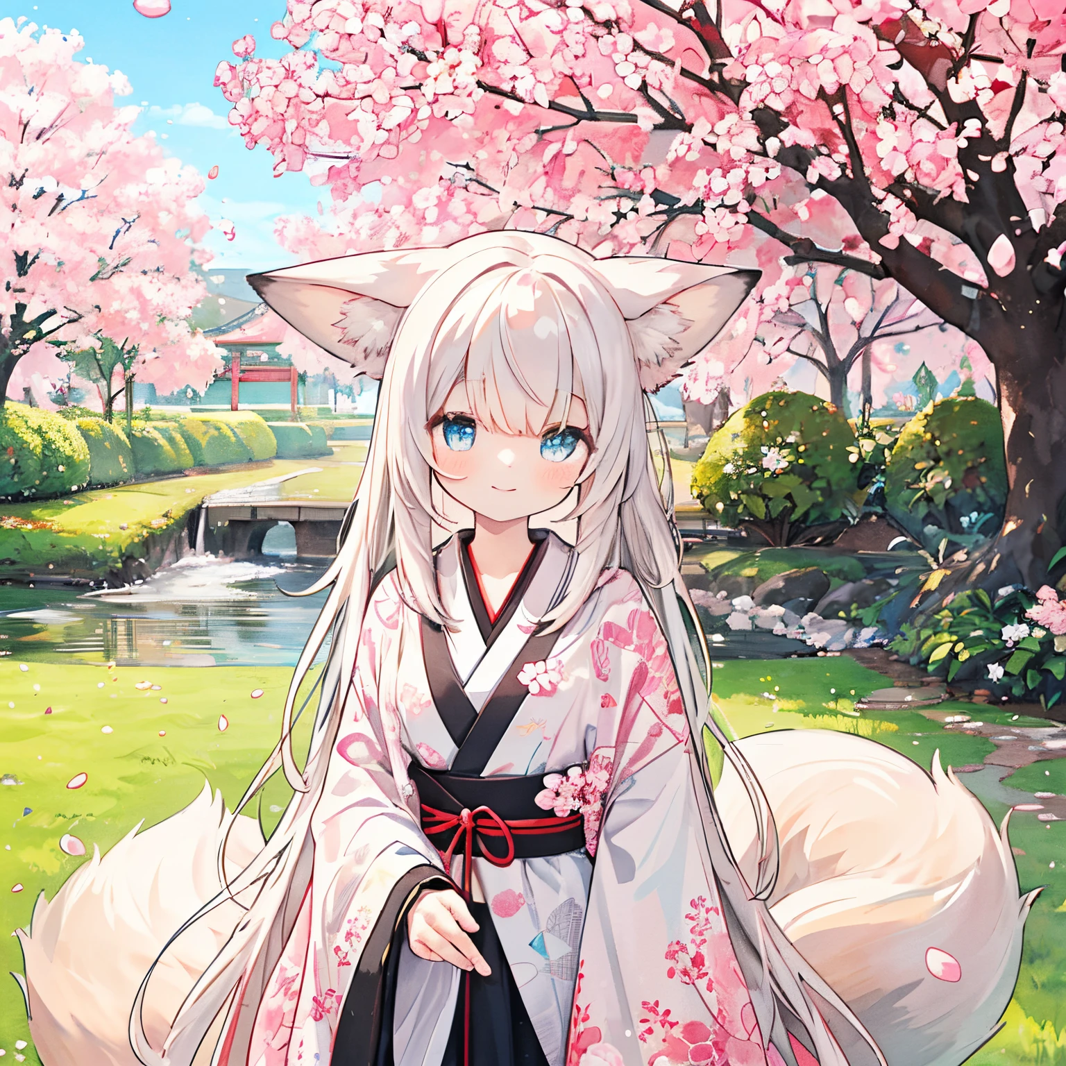 Transparent watercolor,girl with,Jewel Eyes,Beautiful arrangements and motifs、A slight smil、Originality、GAMECHARACTER DESIGN、ornamented、ren、 Detailed picture , depth of fields , Fantastic, Beauty、Transparency、Lustrous hair、GAMECHARACTER DESIGN、(one girls:1.0)、Red fox、Fox ears、fox motif、a cool、red hairs、long、red japanese clothes、Cool smile、Red fox tail、Blue eyes、Komono、a little cherry blossom petal、The cherry tree