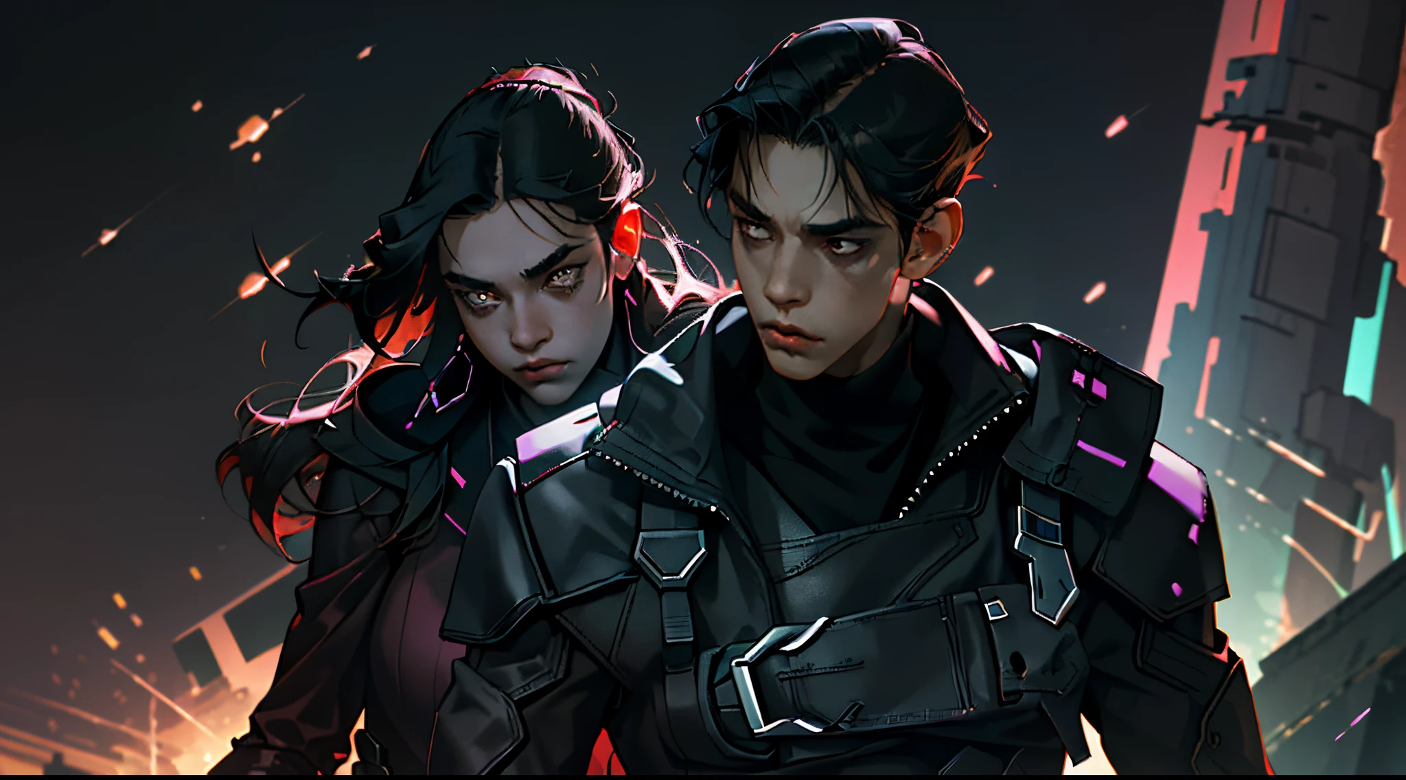 (Best Quality, Masterpiece) man and girl kissing, couple kissing, (The details are great), the night, a boy and a girl, Young, sharp facial features, black hair, Beautiful, detailed faces, 4k, Black Cyberpunk Clothing, light skin, gloomily, dark alley, 詳細な目, passion, Cool shades, sorrow, detailized face, Beautiful