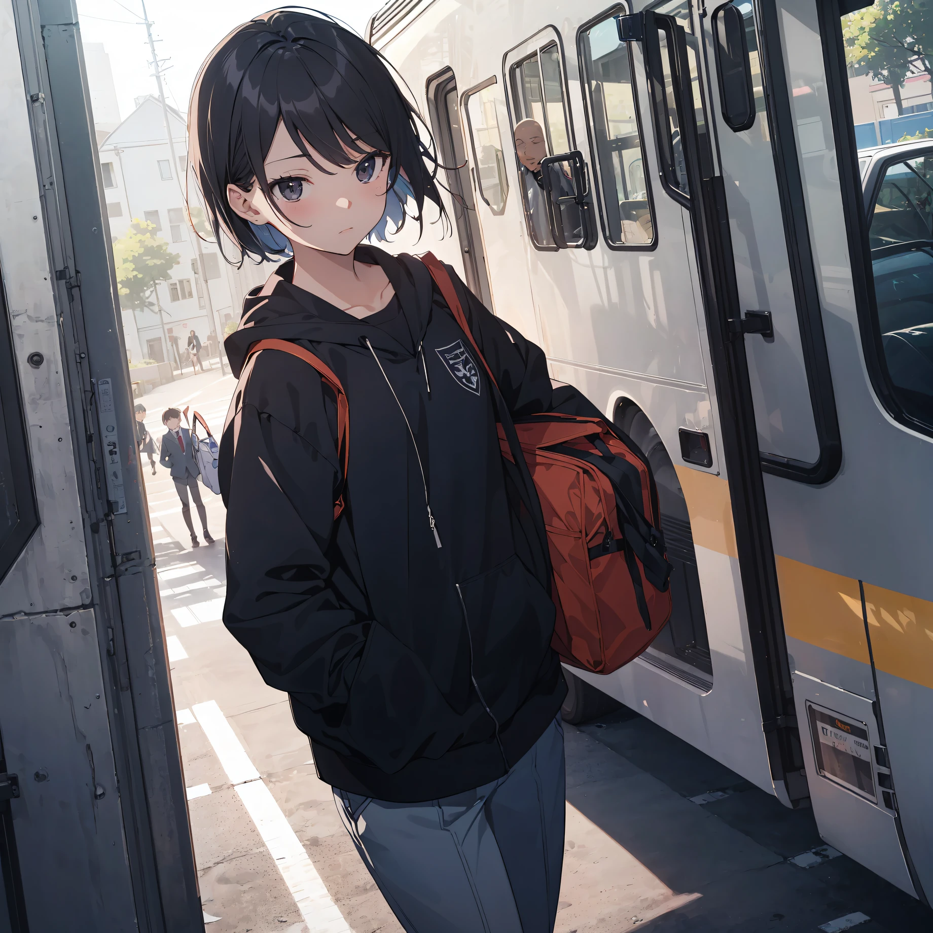 god quality, Extremely detailed, anime moe artstyle,best anime 8k konachan wallpaper,(Please draw a girl walking sleepily to school. :1.3),break, 1girl, (Solo, babyface, 13-year-old:1.5),a junior high school student, Full limbs, complete fingers,(Very Short hair), androgynous charm, flat chest, Small butt, groin, Small eyes,beatiful detailed black eyes, disgusted eyes, school Uniform, in the School commute route. break,8K, 超A high resolution, Official art, Illustration,