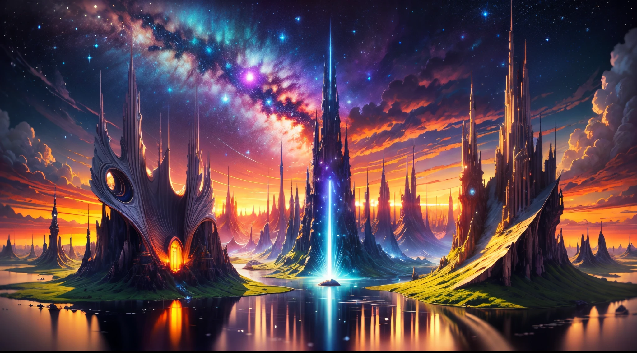 "Luminous ((fantasy landscape)), surreal, sci-fi elements, ethereal glow, planetary horizon, starlight reflections, majestic clouds, (starry sky), mystical mushrooms, vivid hues,