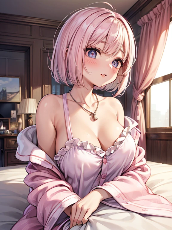 (1girl), ( lying down on her back , flirting on a viewer ), (side view), looking at a viewer, Perfect style, medium large breast, beautiful slim curve, (super beautiful big eyes:1.5), beautiful face, accurate, anatomically correct, highly detailed face and skin texture, detailed eyes, blue eyes, double eyelids, thin eyebrows, glitter eyeliner: 1.2, blushed cheeks, round face, glossy skin, fair skin: 1.2, (glossy lips: 1.4), (heart shaped pupils) , full of delight, innocent and Cute girl, BREAK first-person-view, ((Wearing , oversized pajama :1.6)), ((( it is made of silk, pale pink :1.5 ))), (( beautiful extra short hair, mush, bob style, messy hair:1.6)), (simple necklace:1.5),(smiling full of compassion, full of love), (opened mouth), BREAK (bust up shot: 1.2), (focus on her profile), ((( at her bed room , gentle warm light : 1.6)), (very intimate relationships:1.6), top quality, (Masterpiece: 1.3), (Maximum resolution: 1.2), (Ultra HDTV: 1.2), Cinema light, Ultra HDTV, (Detailed eyes and skin), (Detailed facial features), HDR, 8k resolution, Sharp Focus: 1.2,