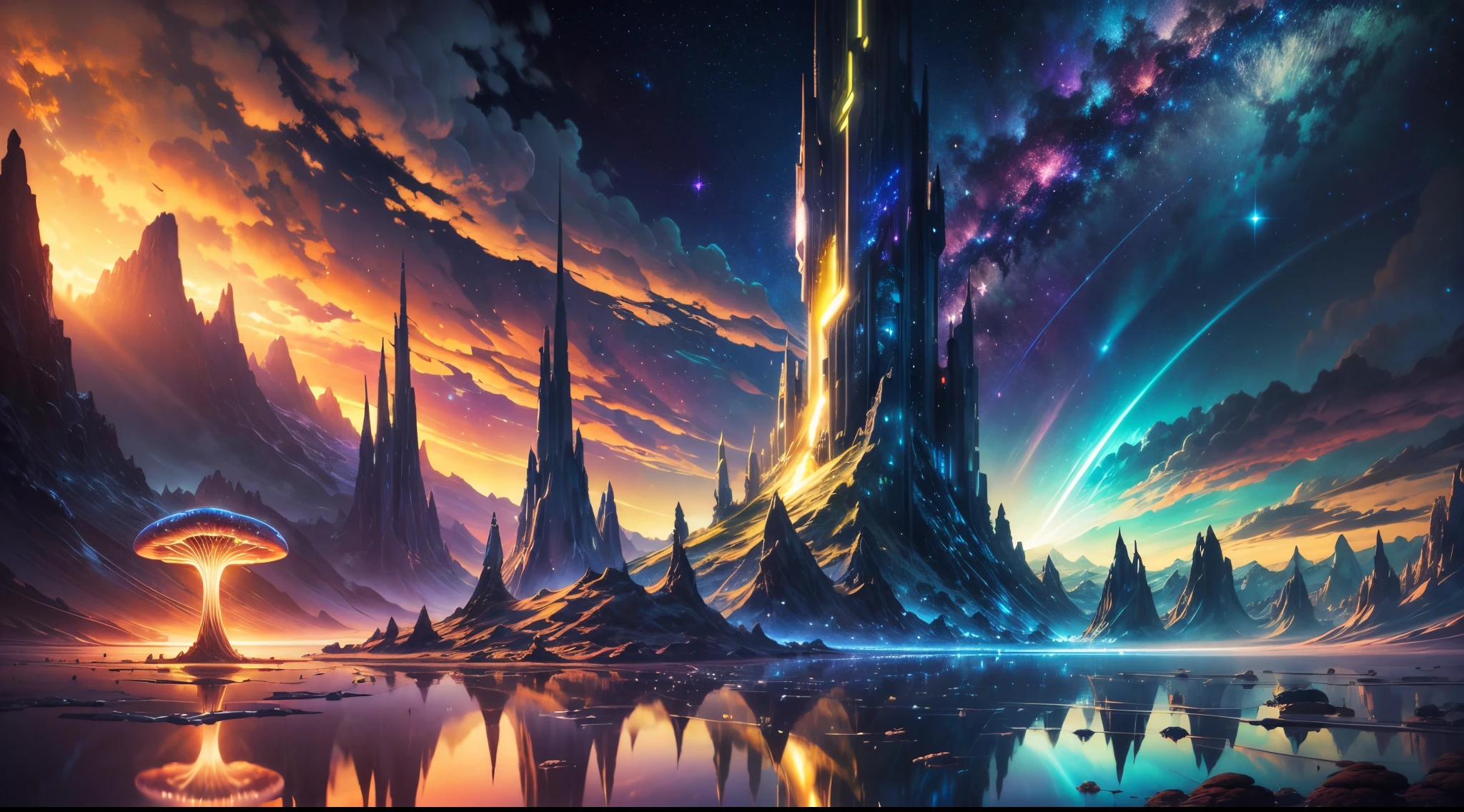 "Luminous ((fantasy landscape)), surreal, sci-fi elements, ethereal glow, planetary horizon, starlight reflections, majestic clouds, (starry sky), mystical mushrooms, vivid hues,