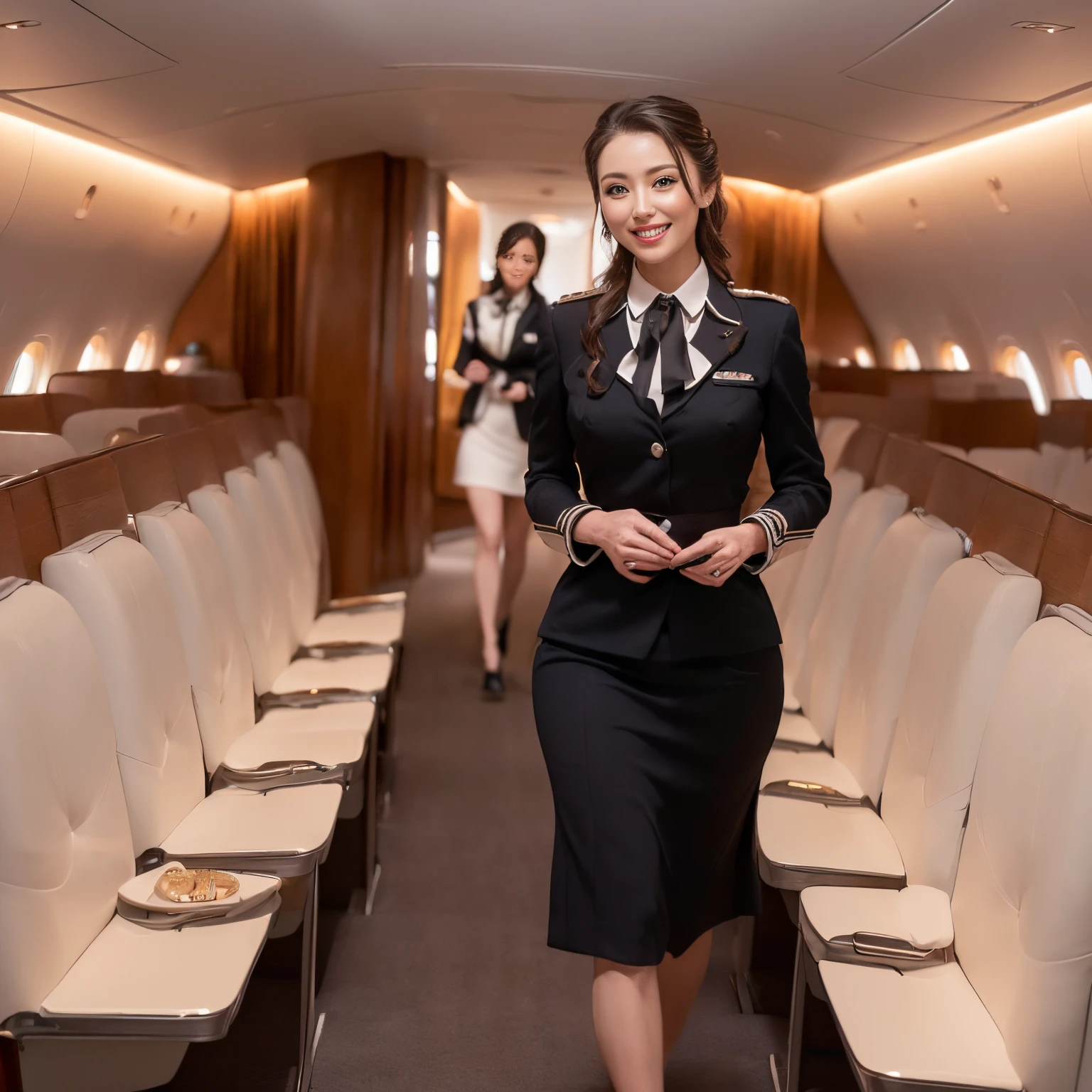 ((top-quality、masutepiece、8K、Top image quality、Hyper-Realism))、(1 photo:1.5)、((1 female stewardess、walk gracefully down the aisle、cowboy  shot、Take a photo of her from the waist up))、((The background is an airplane aisle))、(the most luxurious interior、The most luxurious cabin、The most luxurious and exclusive airplane interiors、Luxurious royal interior、Top class seats:1.5)、(she walks the perfect aisle:1.5)、(perfect stewardess uniform:1.5)、(Exposing the forehead、Chignon)、large full breasts、The Biggest Smile、white big teeth、Perfect makeup、long eyelashes、View me、smile your best smile、perfect anatomia