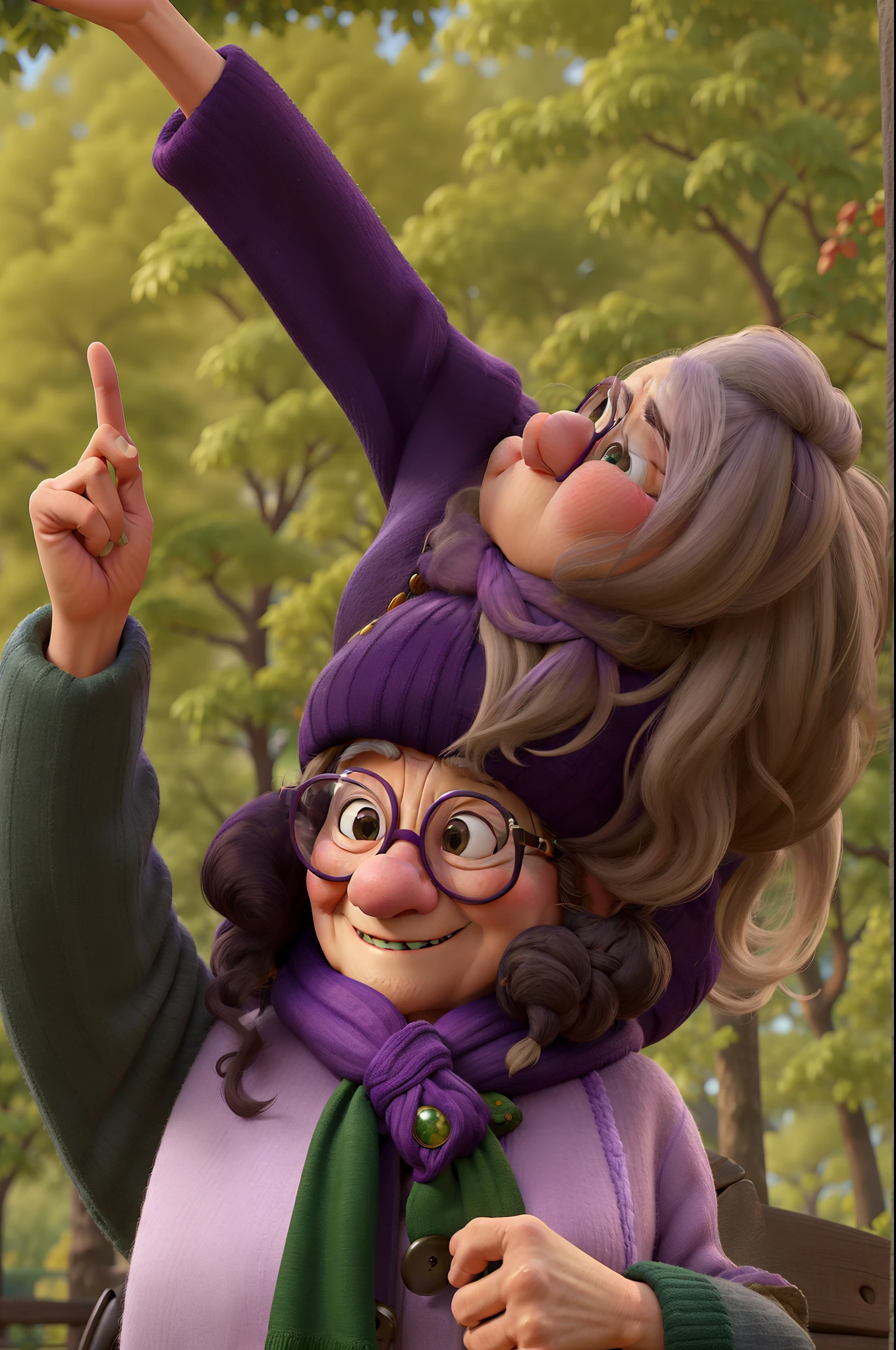 masterpiece, best quality, an old woman with glasses and a scarf on, wearing a purple coat and green scarf, standing at the park