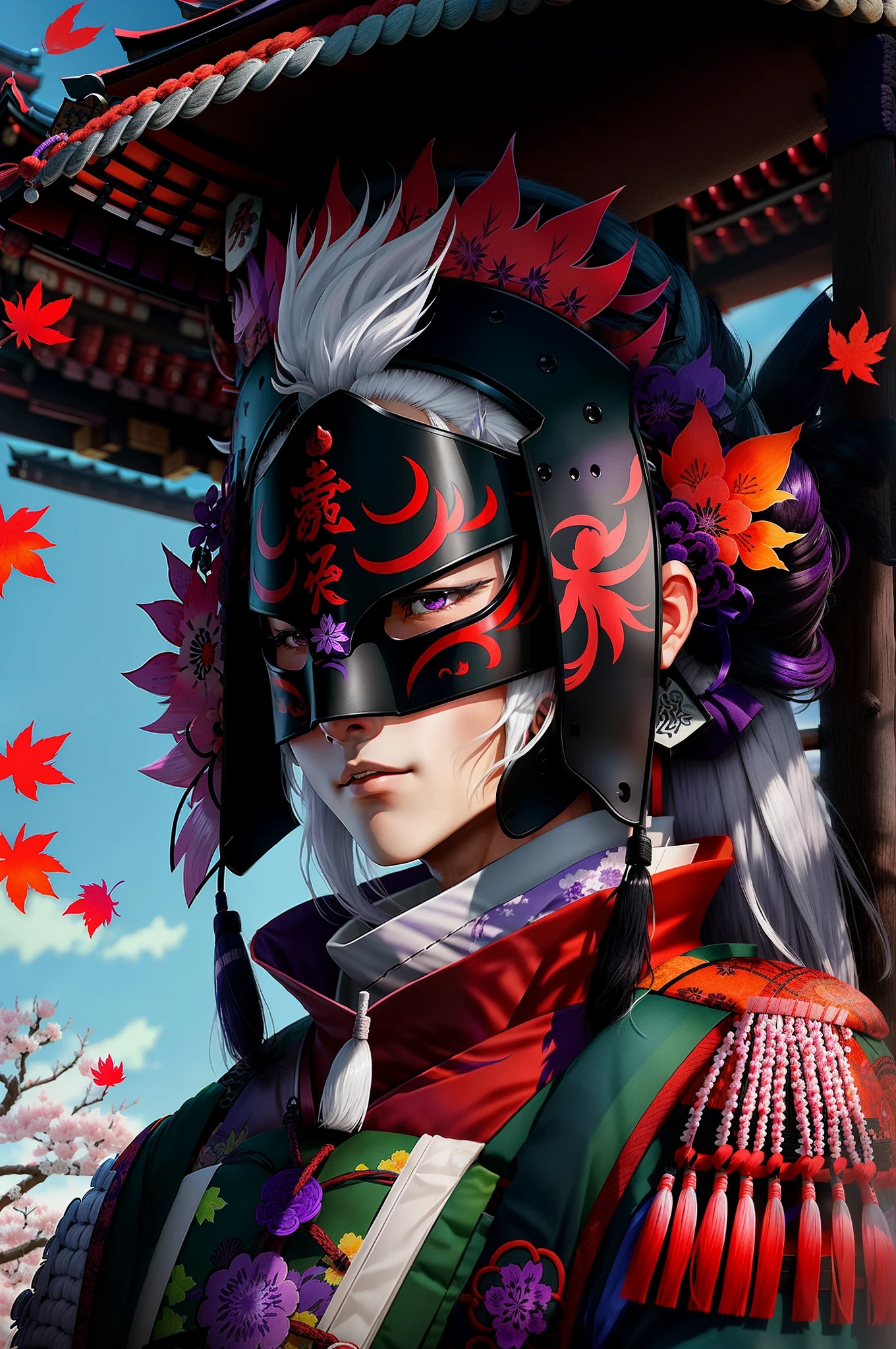 Spring and Autumn Sengoku period、He has white hair and wears a demon mask with purple lines.、beautiful female general.