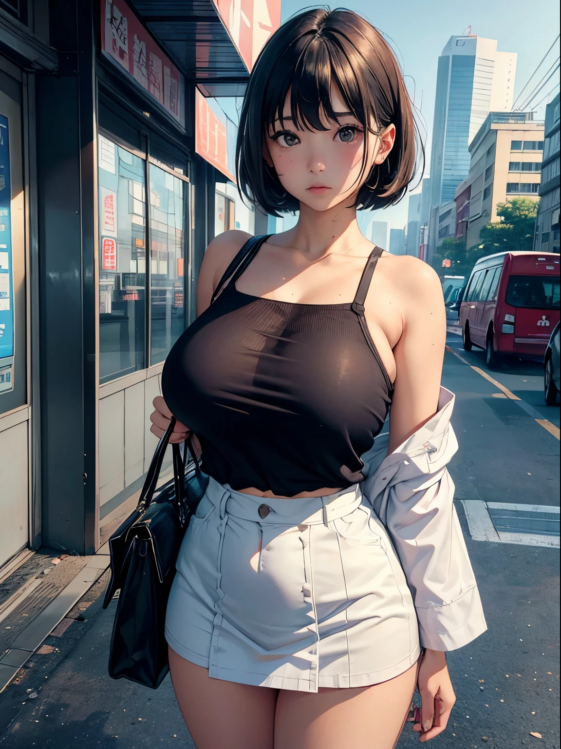 20 years girl、(masterpiece:1.4)、(in 8K、realisitic、Raw photo、top-quality:1.4)、(Real Face:1.4)、(real looking skin:1.3)、超A high resolution、A hyper-realistic、Brown eyes、high detailing、Cute face、black hair shorthair、Off-the-shoulder clothing、White underwear、(huge-breasted:1.5)、Blushing、Embarrassed look、to stand、In front of the station
