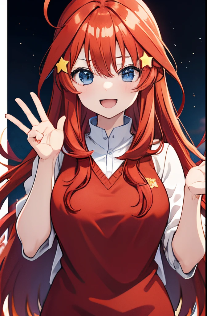 Nakano itsuki, red hair, long hair, star hair ornament, ahoge, red sweater, happy expression, Melhor Anime 4K Konachan Wallpaper, Estilo anime 4K, Arte Oficial, arte anime de alta qualidade, 4k anime wallpapers ((obra-prima)), Sala de estar, Cidade, dia