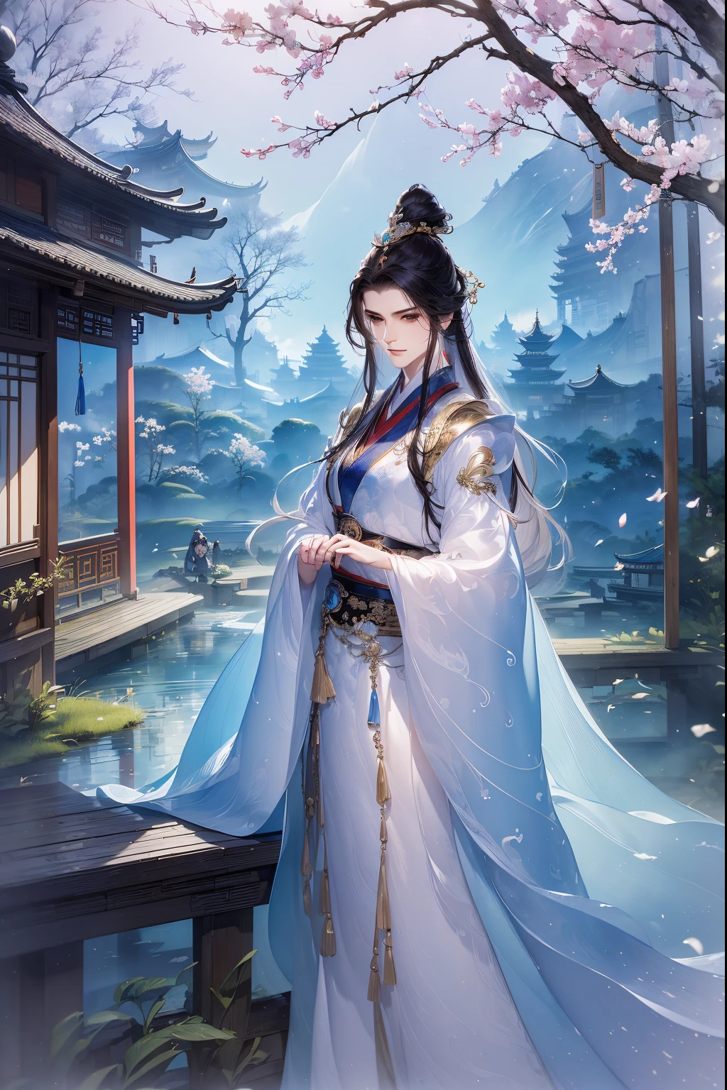 (Best quality at best,A high resolution,The image is clear:1.2),Ultra detailed backgrounds,Beautiful man standing,Chinese-style clothes,,Garden scene,under moonlight,waterfall man,Crane,Romantic atmosphere,Dutch Angle Shot,gentlesoftlighting,shelmet