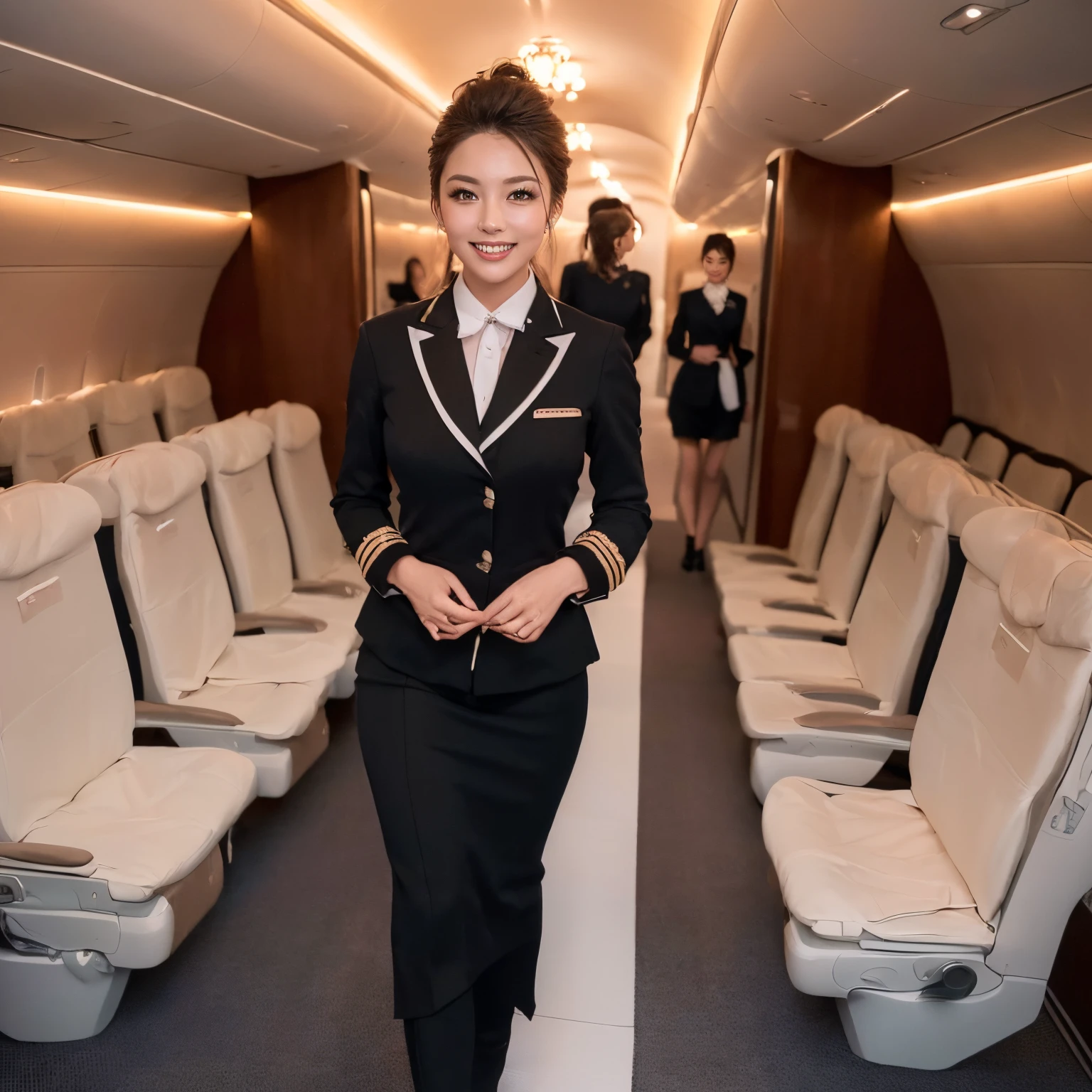 ((top-quality、masutepiece、8K、Top image quality、Hyper-Realism))、(1 photo:1.5)、((1 female stewardess、walk gracefully down the aisle、cowboy  shot、Take a photo of her from the waist up))、((The background is an airplane aisle))、(the most luxurious interior、The most luxurious cabin、The most luxurious and exclusive airplane interiors、Luxurious royal interior、Top class seats:1.5)、(she walks the perfect aisle:1.5)、(perfect stewardess uniform:1.5)、(Exposing the forehead、Chignon)、large full breasts、The Biggest Smile、white big teeth、Perfect makeup、long eyelashes、View me、smile your best smile、perfect anatomia