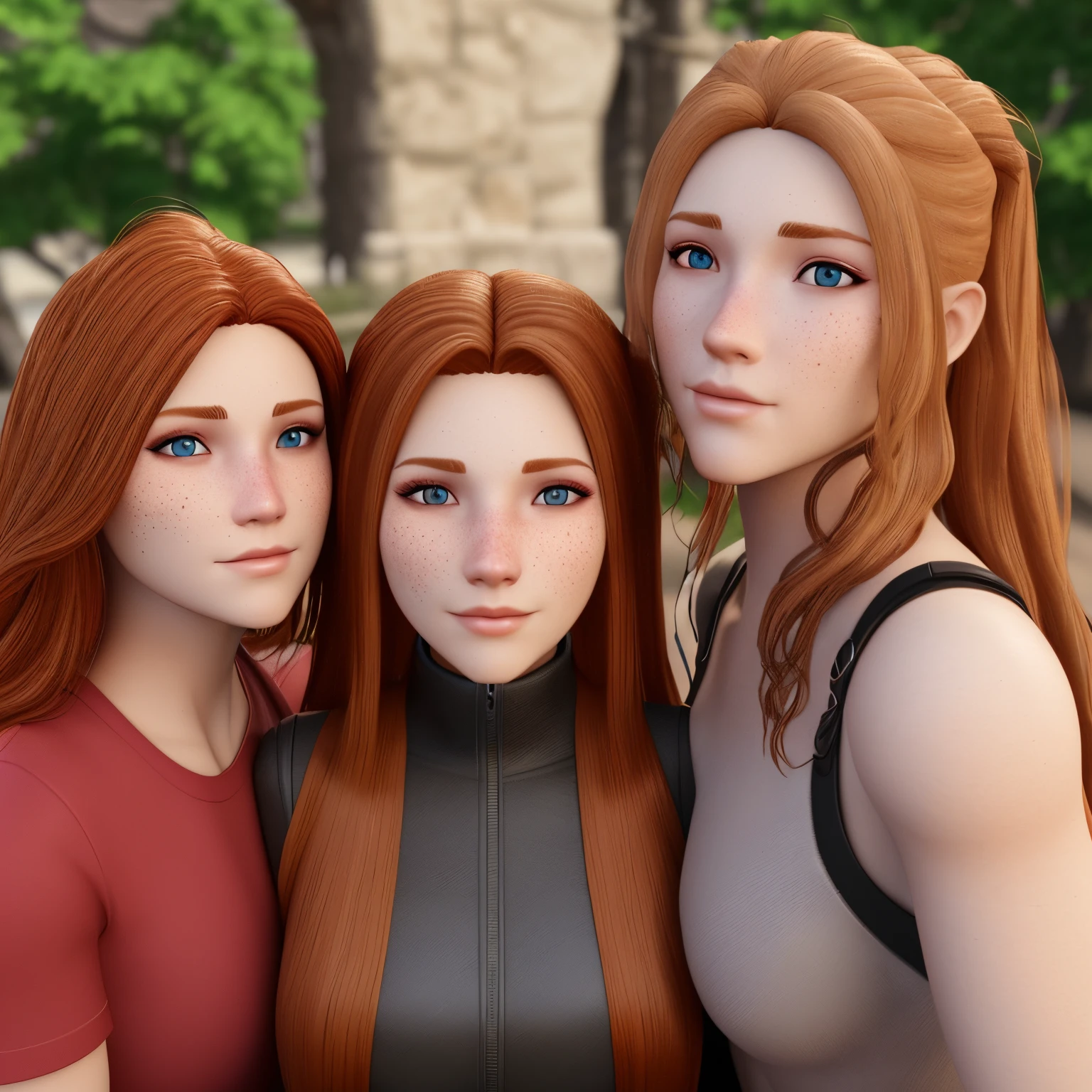 3D fortnight skin, woman with long brown, blonde and red hair with a nose stud and freckles