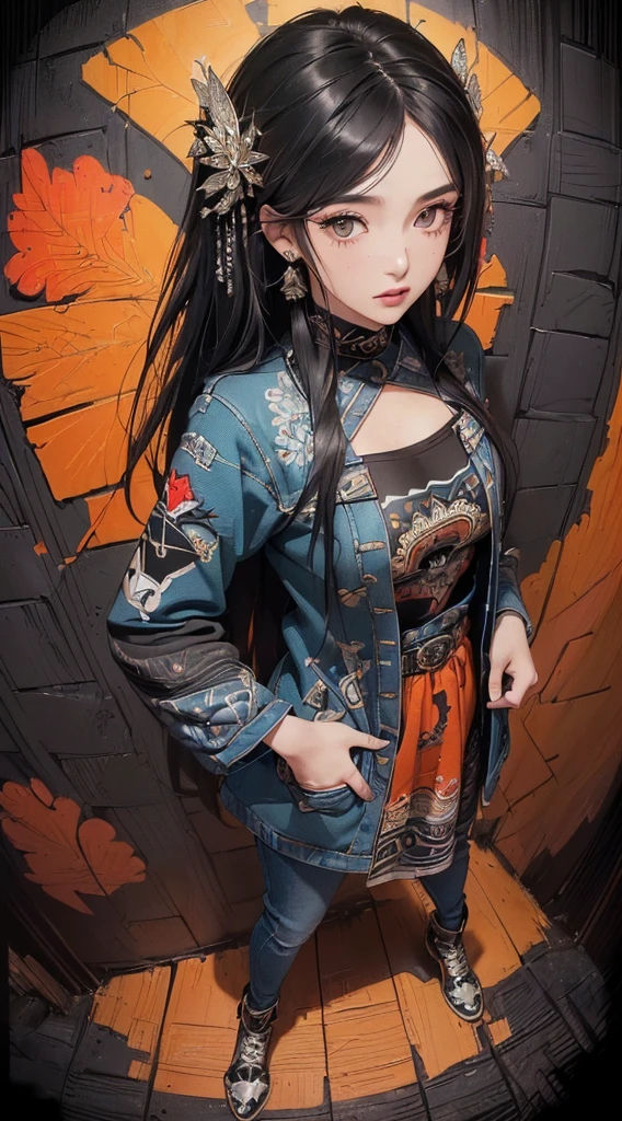 (((8k wallpaper of extremely detailed CG unit:1.2, masterpiece, hight resolution:1.2, top-quality:1.2, masutepiece))), ((a very beautiful woman, Hands in pockets:1.8, Grunge Fashion:1.2, Wear outerwear:1.2, Wearing skinny jeans, Wearing shoes)), ((extra detailed face, Highly detailed black eyes, extra detailed body, Top quality real texture skins)), (A dark-haired, length hair, de pele branca), ((Colorful geometric patterns are painted all over the wall.:1.1, Colorful wall)), (high-angle:1.2, Fisheye:1.3), hyper realisitic, digitial painting,
