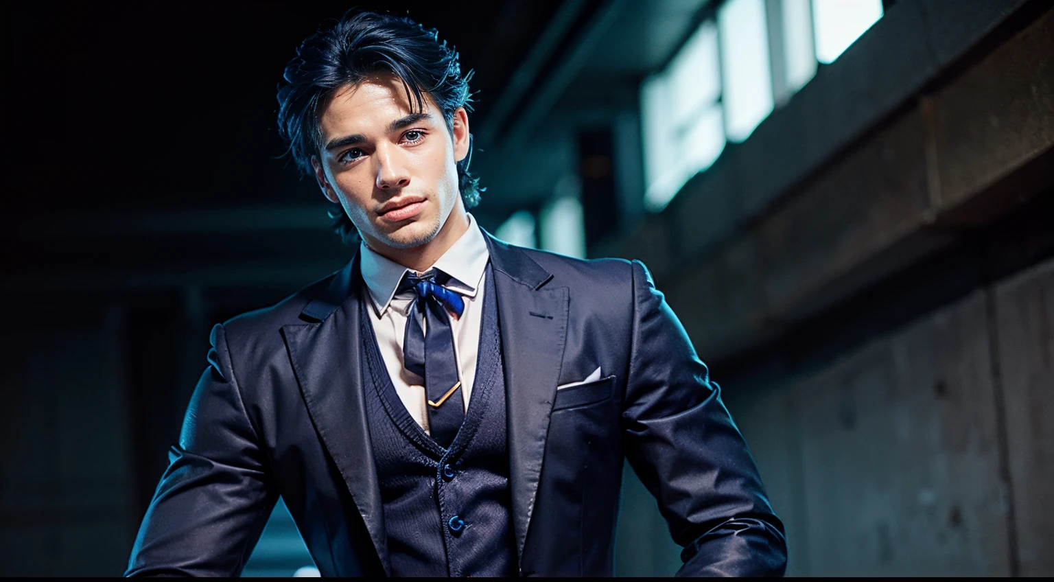 (masterpiece, best quality:1.2), cowboy shot, solo, male focus, 1boy, jonathan joestar, muscular male, smile, looking at viewer, blue hair, formal, suit, neck ribbon