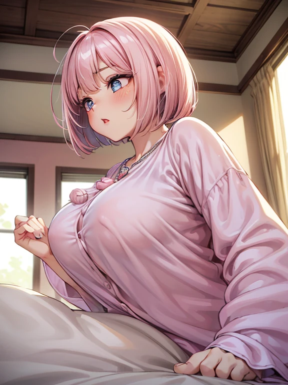 (1girl), ( sleeping on her bed, lying down, wearing a futon ), (side view), looking at a viewer, Perfect style, medium large breast, beautiful slim curve, (super beautiful big eyes:1.5), beautiful face, accurate, anatomically correct, highly detailed face and skin texture, detailed eyes, blue eyes, double eyelids, thin eyebrows, glitter eyeliner: 1.2, blushed cheeks, round face, glossy skin, fair skin: 1.2, (glossy lips: 1.4), (heart shaped pupils) , full of delight, innocent and Cute girl, BREAK first-person-view, ((Wearing , oversized pajama :1.6)), ((( it is made of silk, pale pink :1.5 ))), (( beautiful extra short hair, mush, bob style, messy hair:1.6)), (simple necklace:1.5),(full of compassion, full of love), (closed eyes ), (opened mouth), BREAK (bust up shot: 1.2), (focus on her profile), ((( at her bed room , gentle warm light : 1.6)), (very intimate relationships:1.6), top quality, (Masterpiece: 1.3), (Maximum resolution: 1.2), (Ultra HDTV: 1.2), Cinema light, Ultra HDTV, (Detailed eyes and skin), (Detailed facial features), HDR, 8k resolution, Sharp Focus: 1.2,