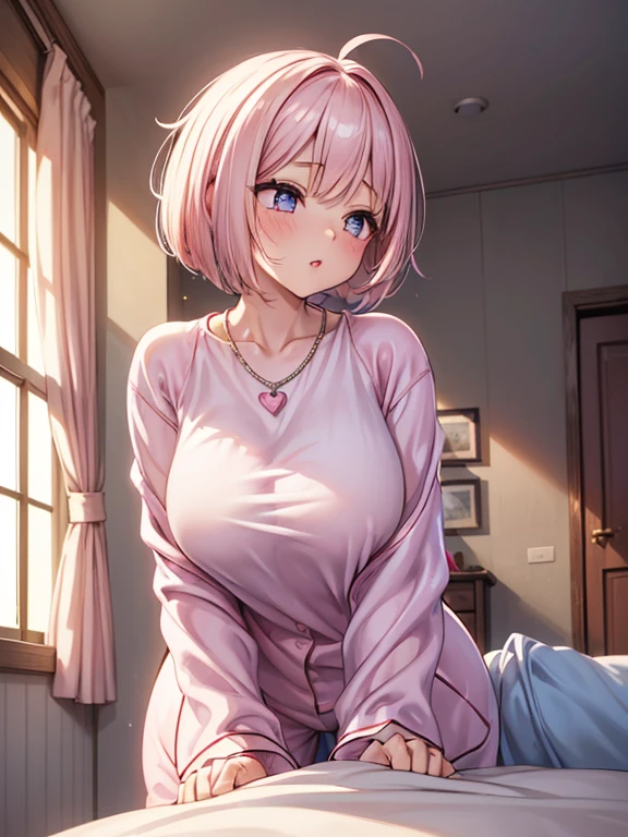 (1girl), ( sleeping on her bed, lying down, wearing a futon ), (side view), looking at a viewer, Perfect style, medium large breast, beautiful slim curve, (super beautiful big eyes:1.5), beautiful face, accurate, anatomically correct, highly detailed face and skin texture, detailed eyes, blue eyes, double eyelids, thin eyebrows, glitter eyeliner: 1.2, blushed cheeks, round face, glossy skin, fair skin: 1.2, (glossy lips: 1.4), (heart shaped pupils) , full of delight, innocent and Cute girl, BREAK first-person-view, ((Wearing , oversized pajama :1.6)), ((( it is made of silk, pale pink :1.5 ))), (( beautiful extra short hair, mush, bob style, messy hair:1.6)), (simple necklace:1.5),(full of compassion, full of love), (closed eyes ), (opened mouth), BREAK (bust up shot: 1.2), (focus on her profile), ((( at her bed room , gentle warm light : 1.6)), (very intimate relationships:1.6), top quality, (Masterpiece: 1.3), (Maximum resolution: 1.2), (Ultra HDTV: 1.2), Cinema light, Ultra HDTV, (Detailed eyes and skin), (Detailed facial features), HDR, 8k resolution, Sharp Focus: 1.2,