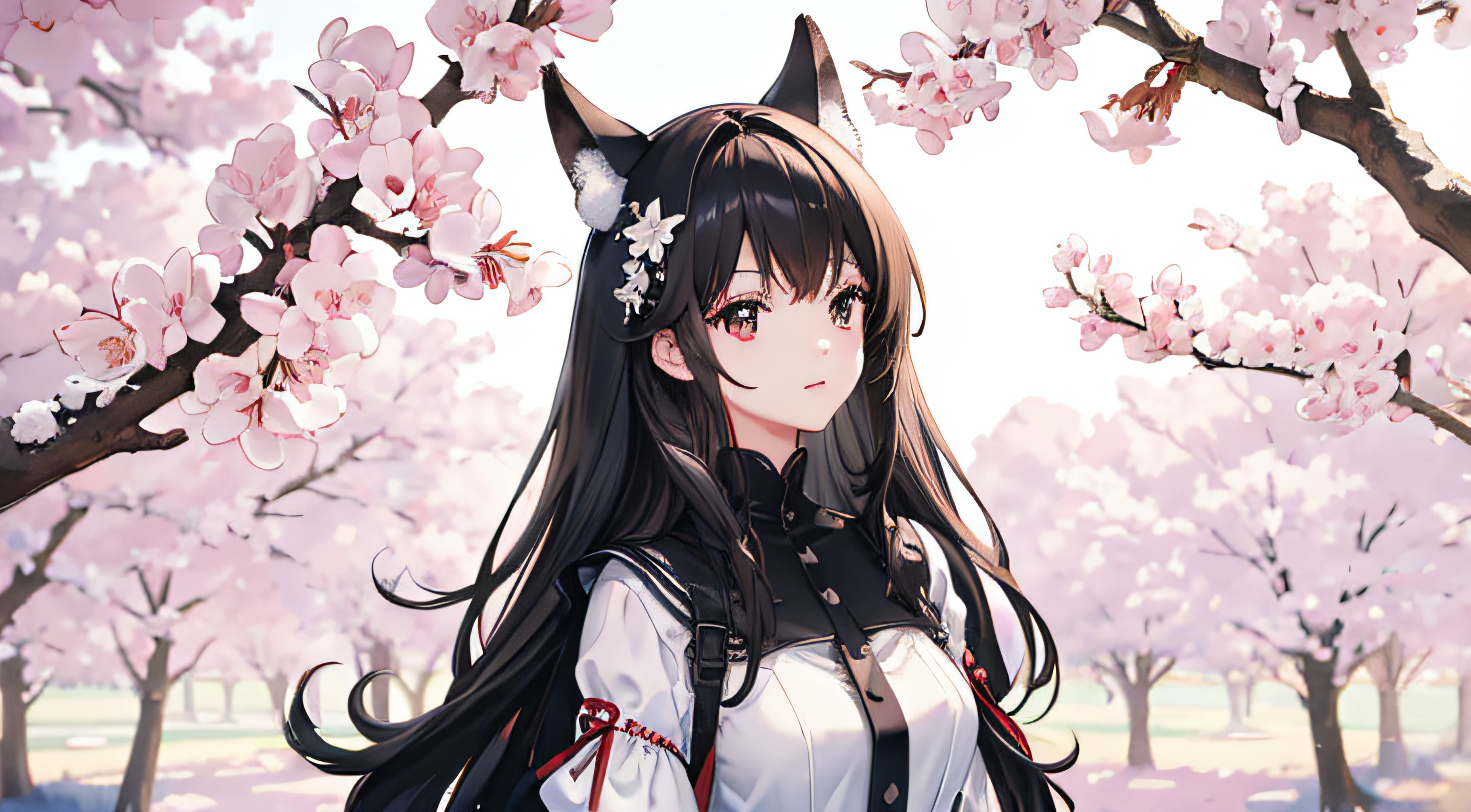black hair, 1girl, white dress, Surrealism, 8k, super detail, cherry tree, fox
