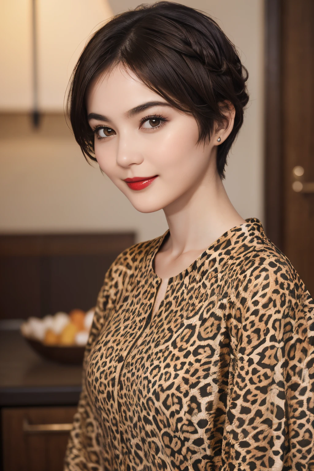 110
(a 20 yo woman,is standing), (A hyper-realistic), (high-level image quality), ((beautiful hairstyle 46)), ((short-hair)), (Gentle smile), (Keep your mouth shut), (lipsticks), (brest:1.1), (wild animal print clothing)