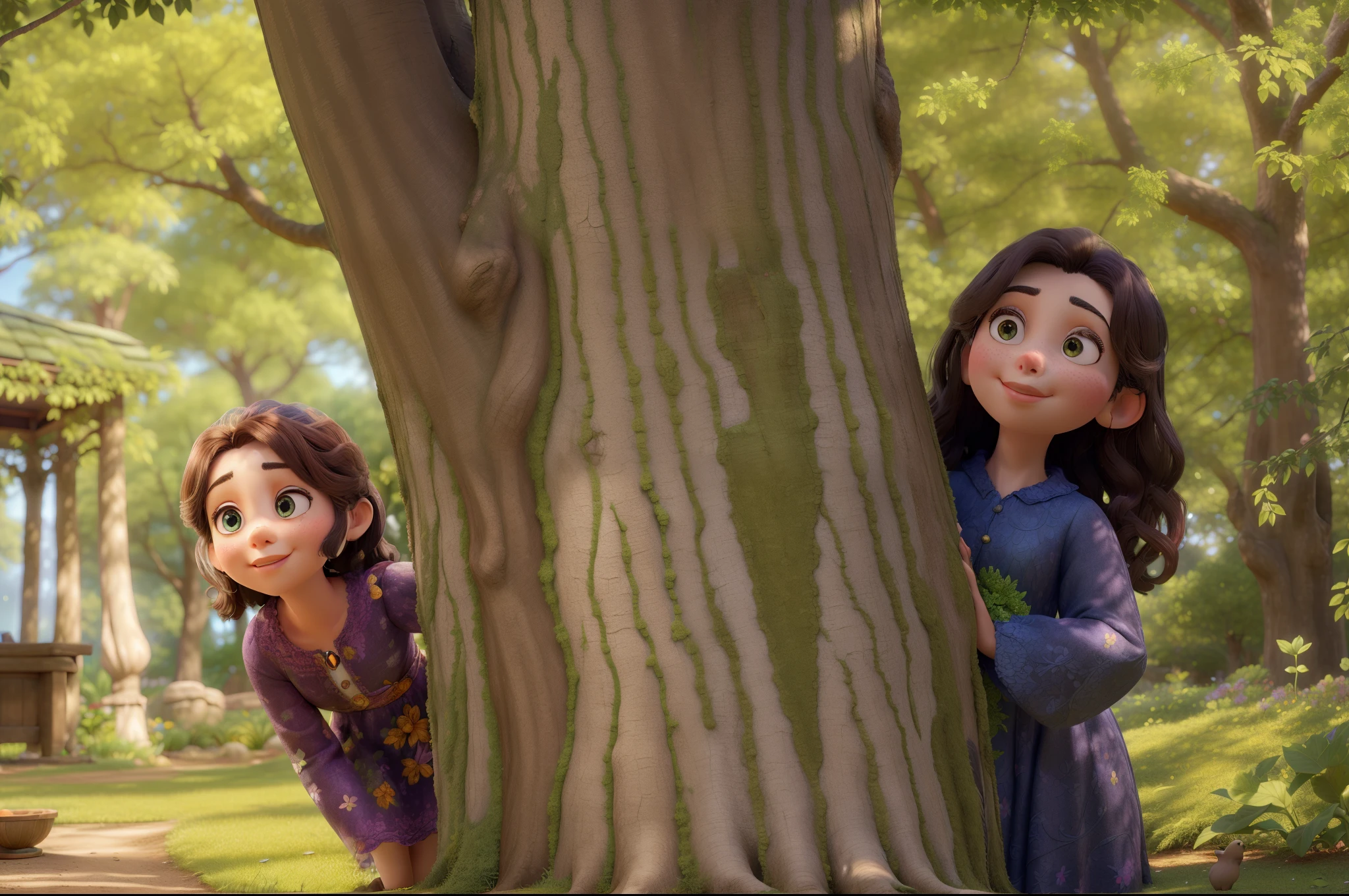 (highres)A girl peaking around a (medium)tree, with (ultra-detailed)two girls standing behind the tree, eyes and lips (beautiful detailed), and their faces extremely detailed, (vivid colors)richly painted with vivid colors (realistic). The girls are wearing (bright)colorful dresses and (shiny)sparkly shoes. The (bright sunlight)warm sunlight shines through the (lush)leafy branches, casting (soft shadows)soft shadows on the ground. In the background, there is a (serene)serene garden filled with (colorful)colorful flowers and (tall)towering trees, creating a (dreamy)dreamy and (peaceful)peaceful atmosphere. The scene is (captivating)captivating and (magical)magical, like a (fantasy)fantasy world that invites viewers to explore and imagine.