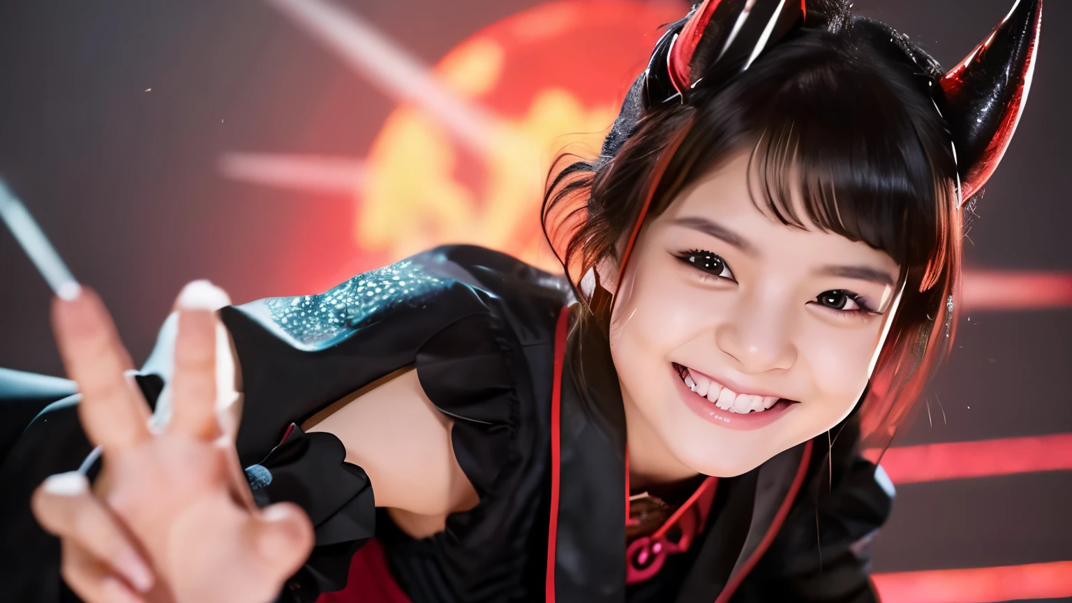 (from above), (upper body image), (idol, celebrity), (angry smile),
Please draw a picture of (Evil Demon Shiba Inu Bishoujo). It has black wings and a beautiful red rouge face. Her body is muscular and her head has horns. (a wicked smile on her face) and her eyes glow red. Please draw in a way that creates an overall scary atmosphere. Also, do not draw hands or fingers, but use the pose of the body. Please provide high-quality, realistic images.