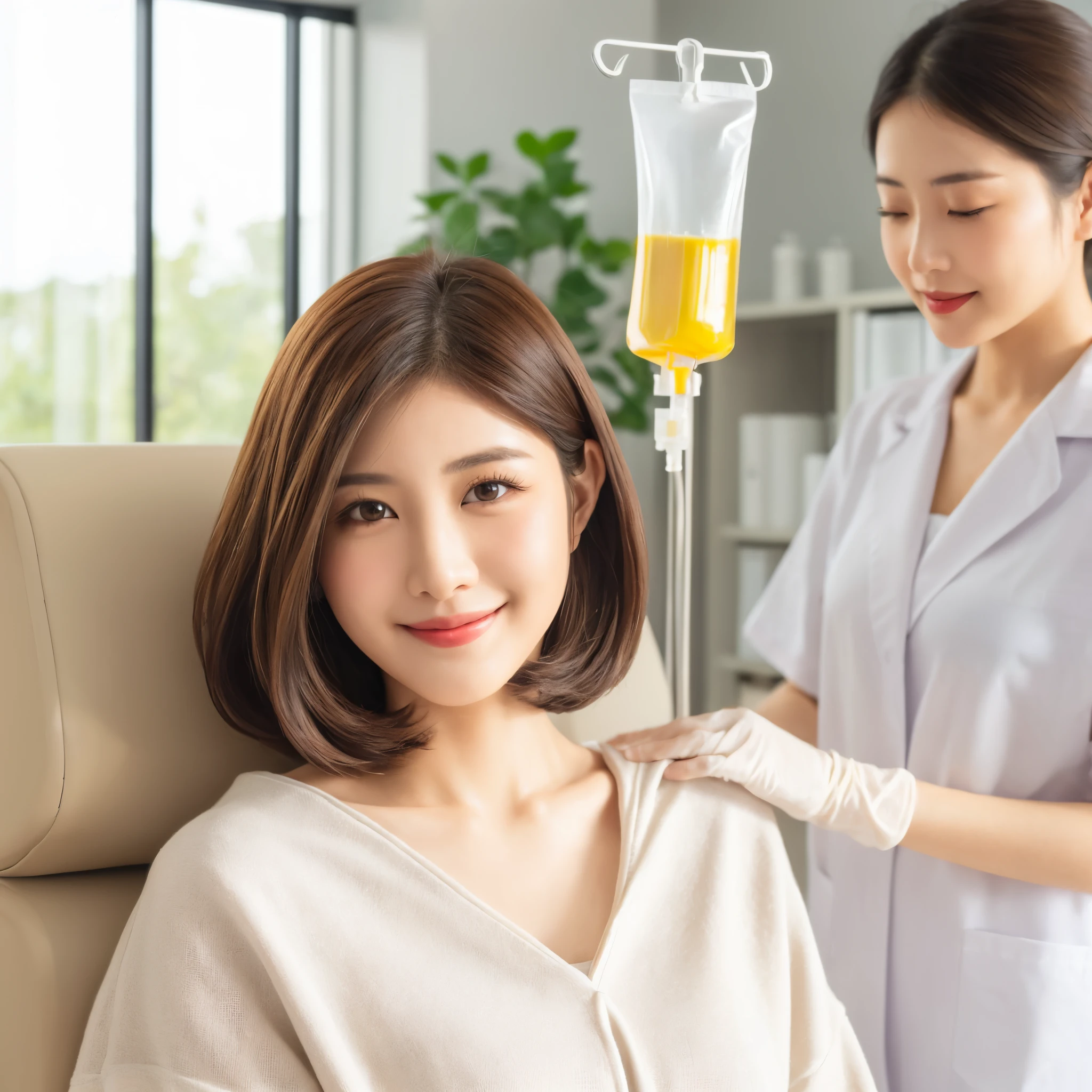 A beautiful Asian young woman in her 22s with layered haircut with very short layers brown hair. She is sitting in a reclining chair in a clean, white-walled clinic. She is little smiling slightly and looking up at the nurse who is standing beside her. The nurse is holding a bag of IV fluid that is filled with a light yellow liquid who is preparing to give her an IV in her antecubital fossa. The room is well-lit with a large window that lets in natural light.