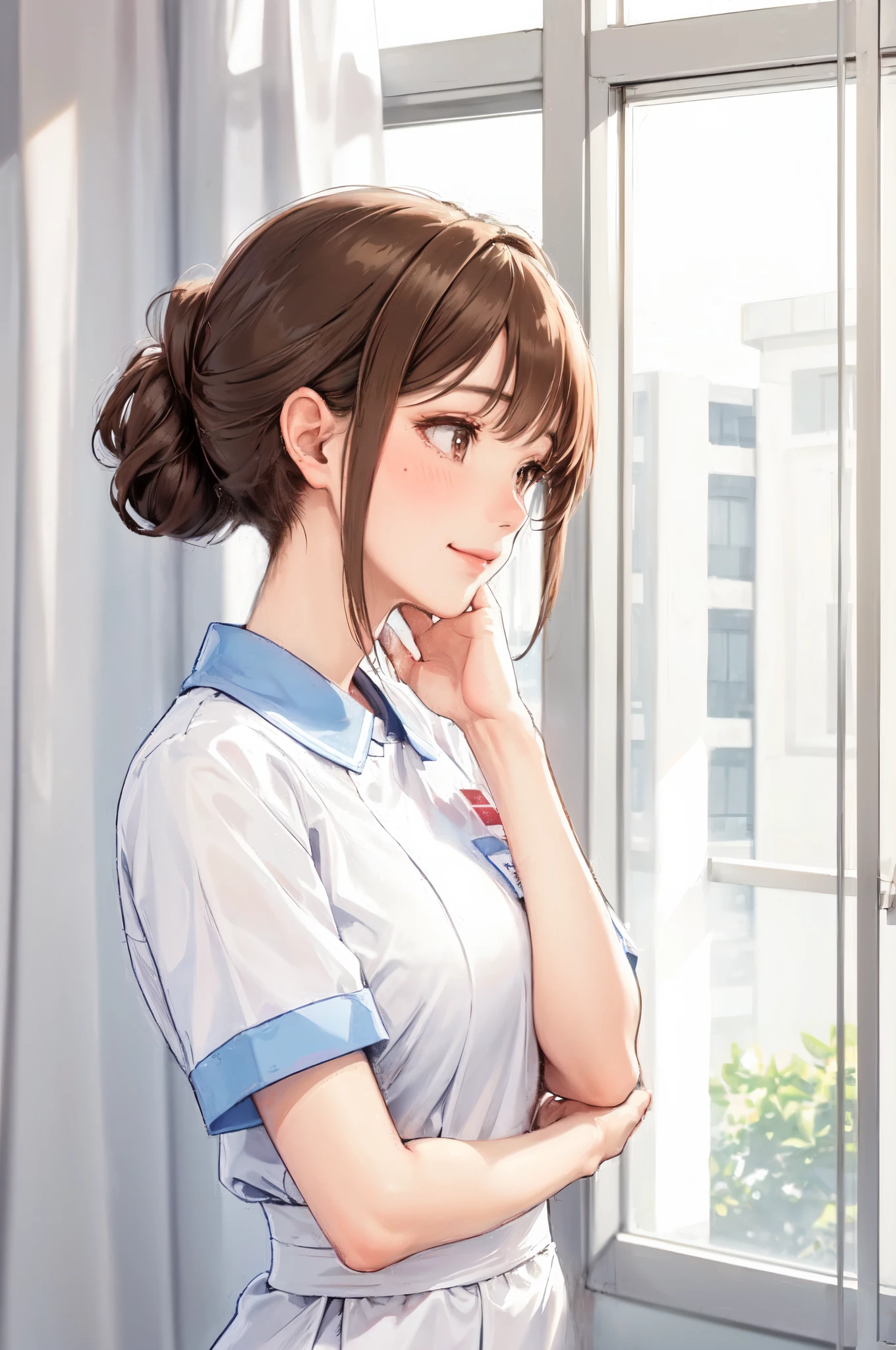 1lady solo, nurse, /(nurse uniform/), mature female, /(brown hair/) hair up, blush light smile, facing away, (masterpiece best quality:1.3) delicate illustration ultra-detailed, large breasts BREAK /(hospital indoors/) window