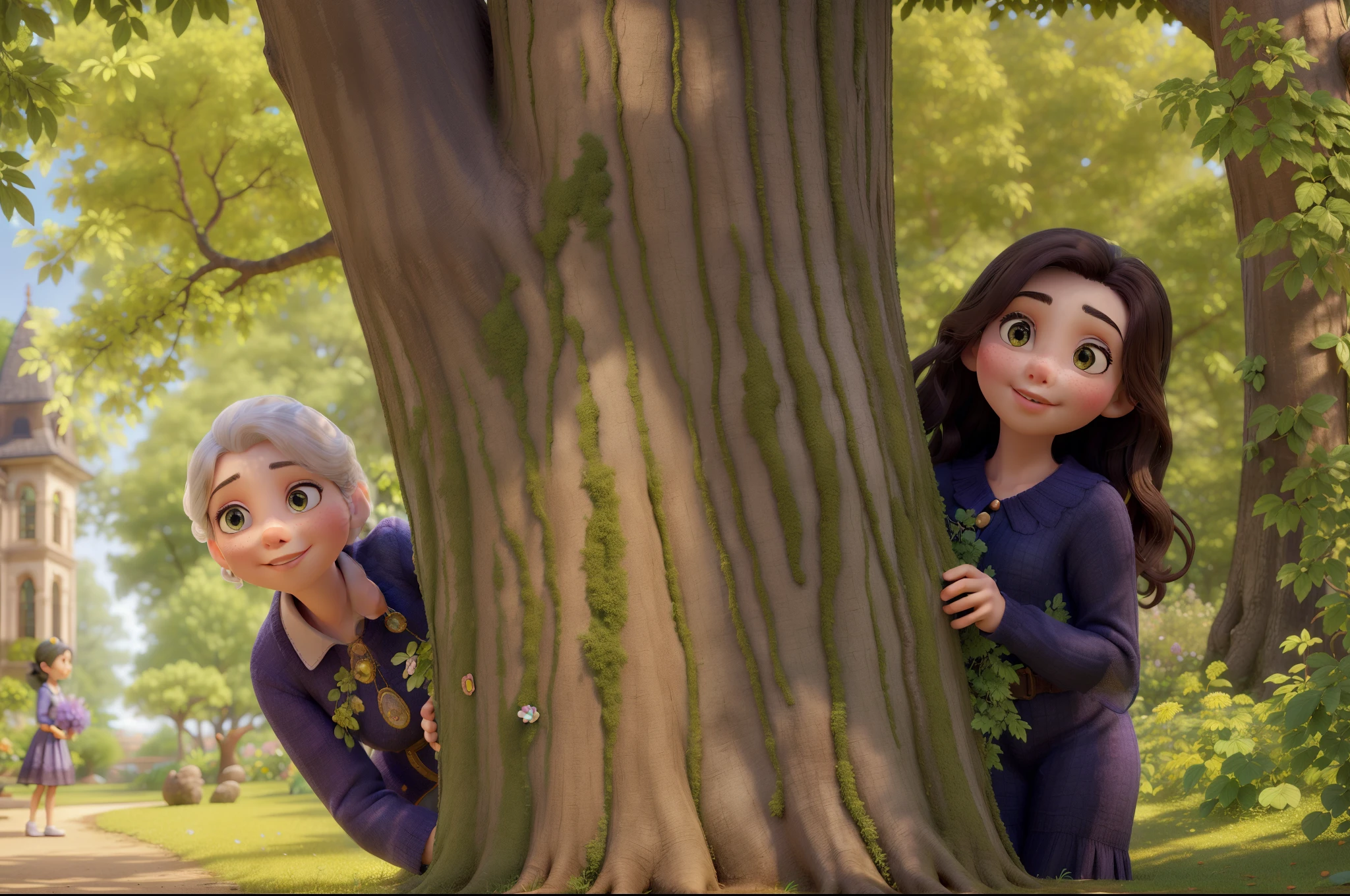(highres)A girl peaking around a (medium)tree, with (ultra-detailed)two girls standing behind the tree, eyes and lips (beautiful detailed), and their faces extremely detailed, (vivid colors)richly painted with vivid colors (realistic). The girls are wearing (bright)colorful dresses and (shiny)sparkly shoes. The (bright sunlight)warm sunlight shines through the (lush)leafy branches, casting (soft shadows)soft shadows on the ground. In the background, there is a (serene)serene garden filled with (colorful)colorful flowers and (tall)towering trees, creating a (dreamy)dreamy and (peaceful)peaceful atmosphere. The scene is (captivating)captivating and (magical)magical, like a (fantasy)fantasy world that invites viewers to explore and imagine.