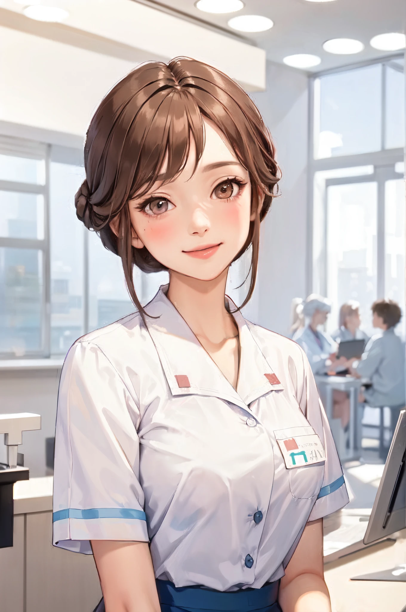 1lady solo, nurse, /(nurse uniform/), mature female, /(brown hair/), blush kind smile, (masterpiece best quality:1.3) delicate illustration ultra-detailed, large breasts BREAK /(hospital reception/) indoors