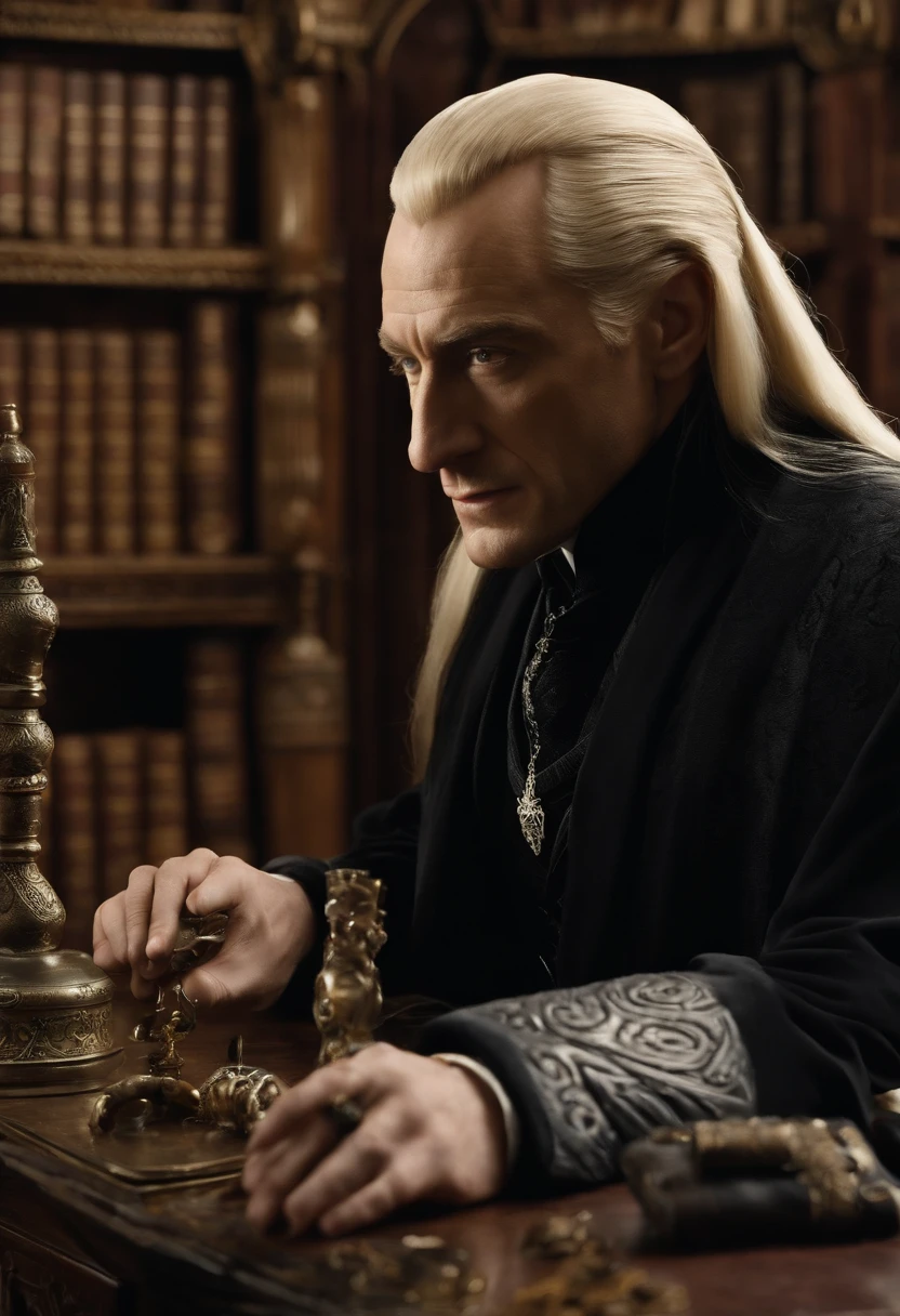 A close-up of Lucius Malfoy's meticulously organized and rare collection of ancient magical artifacts and dark objects in his private study at Malfoy Manor.,Harry Potter and the Chamber of Secrets,Lucius is tall with long straight blonde hair, icy blue eyes, wears black suits and robes, carries a walking stick with a silver snake head at the top. Famously portrayed by Jason Isaacs