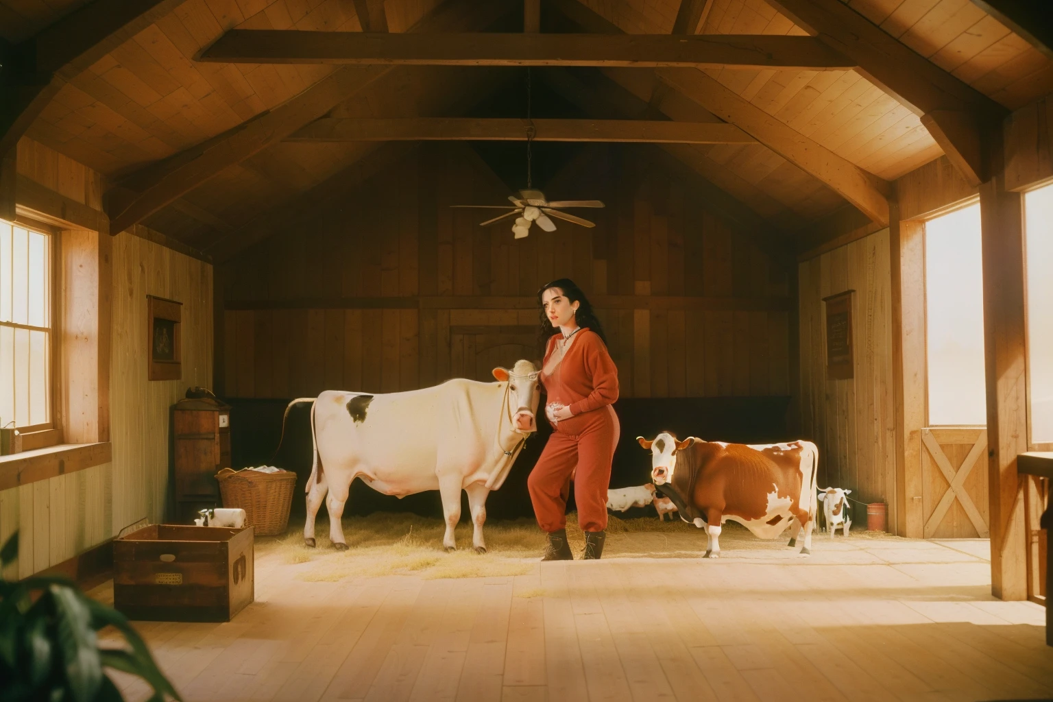1998, Berkshire County, Massachusetts. Pre-raphaelite ((((46-year-old)) Jennifer Connelly)), inside a barn, ((cow giving birth)) on the floor, assisting the labor, ((((casual Clothing from the 1990s)))), ((short Hairstyle of the 1990s)), ((Wes Anderson cinematic style)), colorful