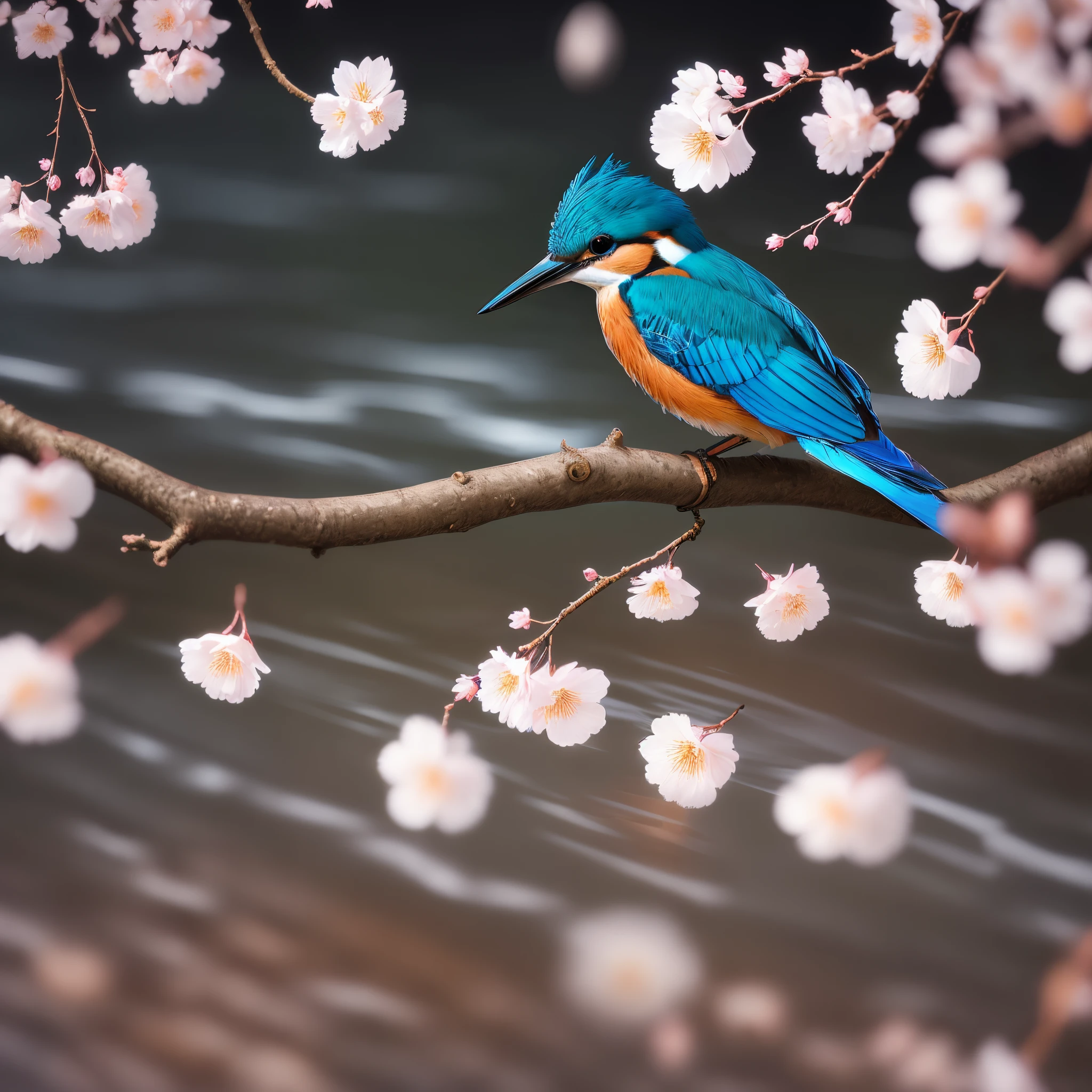 Superb Kingfisher Near White Cherry Blossoms on Branches, Dark, Dawn, (Cold Morning: 1.1), (Morning Dew: 1.15), Realistic Photography, (Low Photo: 1.2), Detail, 8K, Intricate Folded Feathers, Water Droplets on Feathers, (to8contrast style), (MIST: 0.7), Bright Colors, Sony a6600 Mirrorless Camera, embellish2 --v 6
