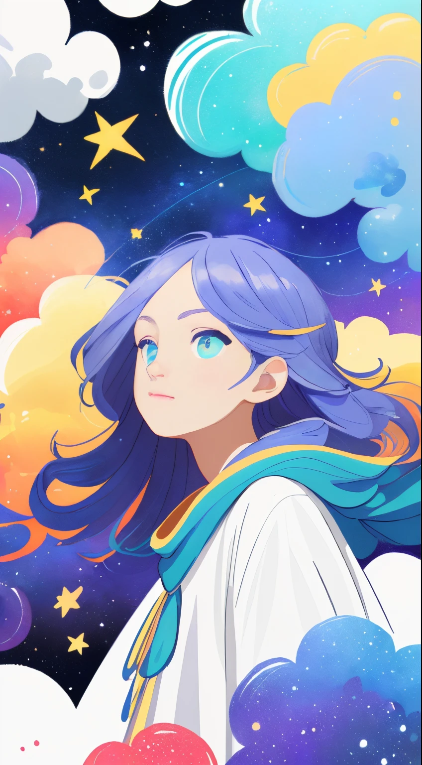 ((masterpiece)), (((best quality))), ((ultra-detailed)), ((illustration)),[realism light effect],shadow,(Fantasy style),(white background:1.6), simple background, (earth theme),(a cloak)[(hair focus,((1girl)),[(big slime hair): (cloud hair):0.3], (hair on background),(high saturation),(hair surrounded by galaxy splashes),)):((her hair is becoming galaxy clouds,:1.27628), (hair and clothes is galaxy clouds and cluster of stars:1.1025),(a cloak is becoming galaxy clouds)(colorful_galaxy_print_clusters_of_stars_print:1.35),((detailed starry sky with colorful galaxy and galaxy clouds):1.2)):0.35], (((masterpiece))),(((best quality))),((ultra-detailed)),(illustration),(dynamic angle),((floating)),(paint),((disheveled hair)),((beautiful detailed face)),collar,bare shoulders, ((colorful hair)),((streaked hair)),beautiful detailed eyes,(Gradient color eyes),(((colorful eyes))),(((colorful background))),(((high saturation))),(((surrounded by colorful splashes))),(((surrounded by colorful dot))),colorful bubble,((shining)),