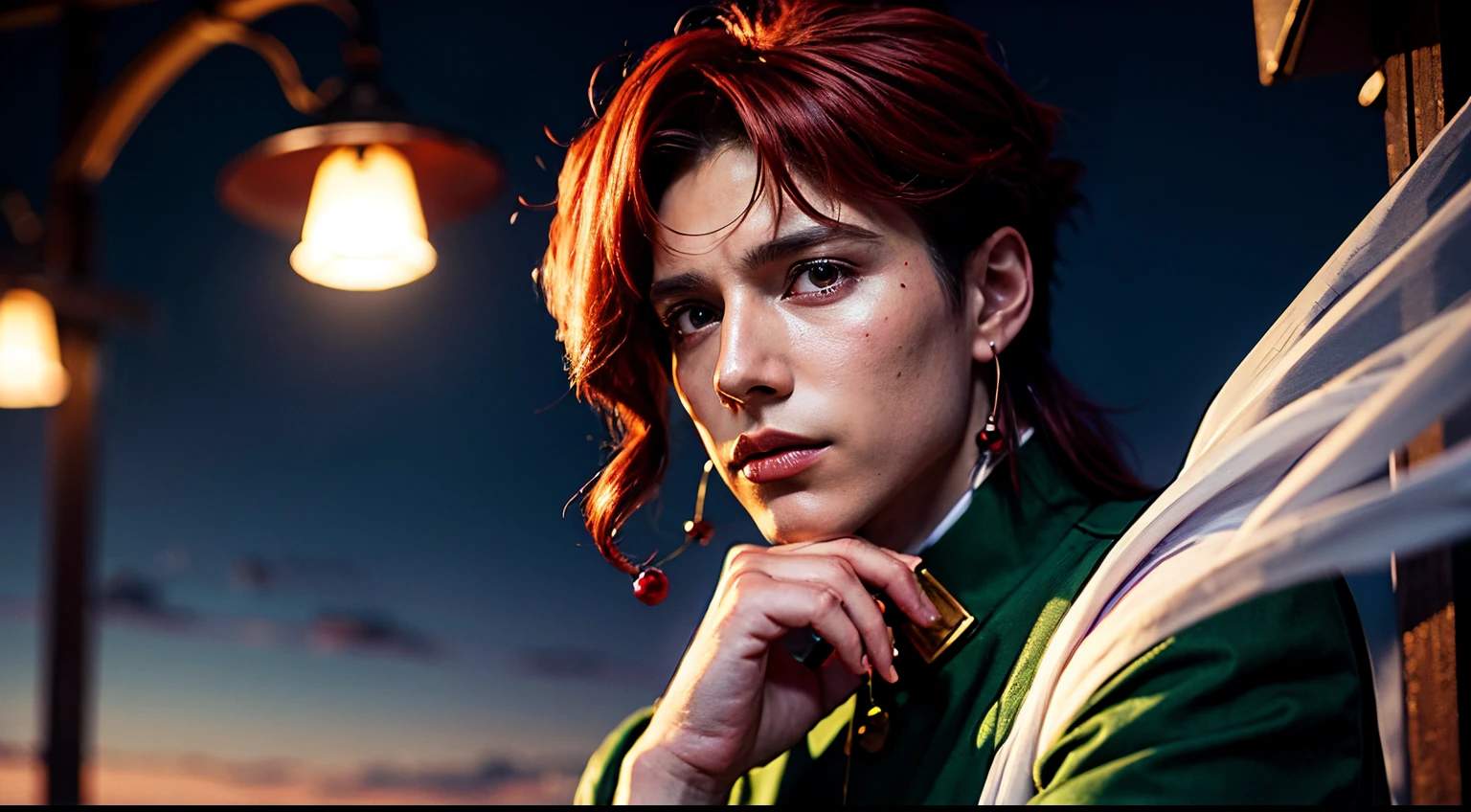 1boy, kakyoinjojo, masterpiece, hires, highquality, detailed, digital art, anime, red hair, school uniform, earrings, PORTRAIT, PURPLE EYES, lighting, night lights,