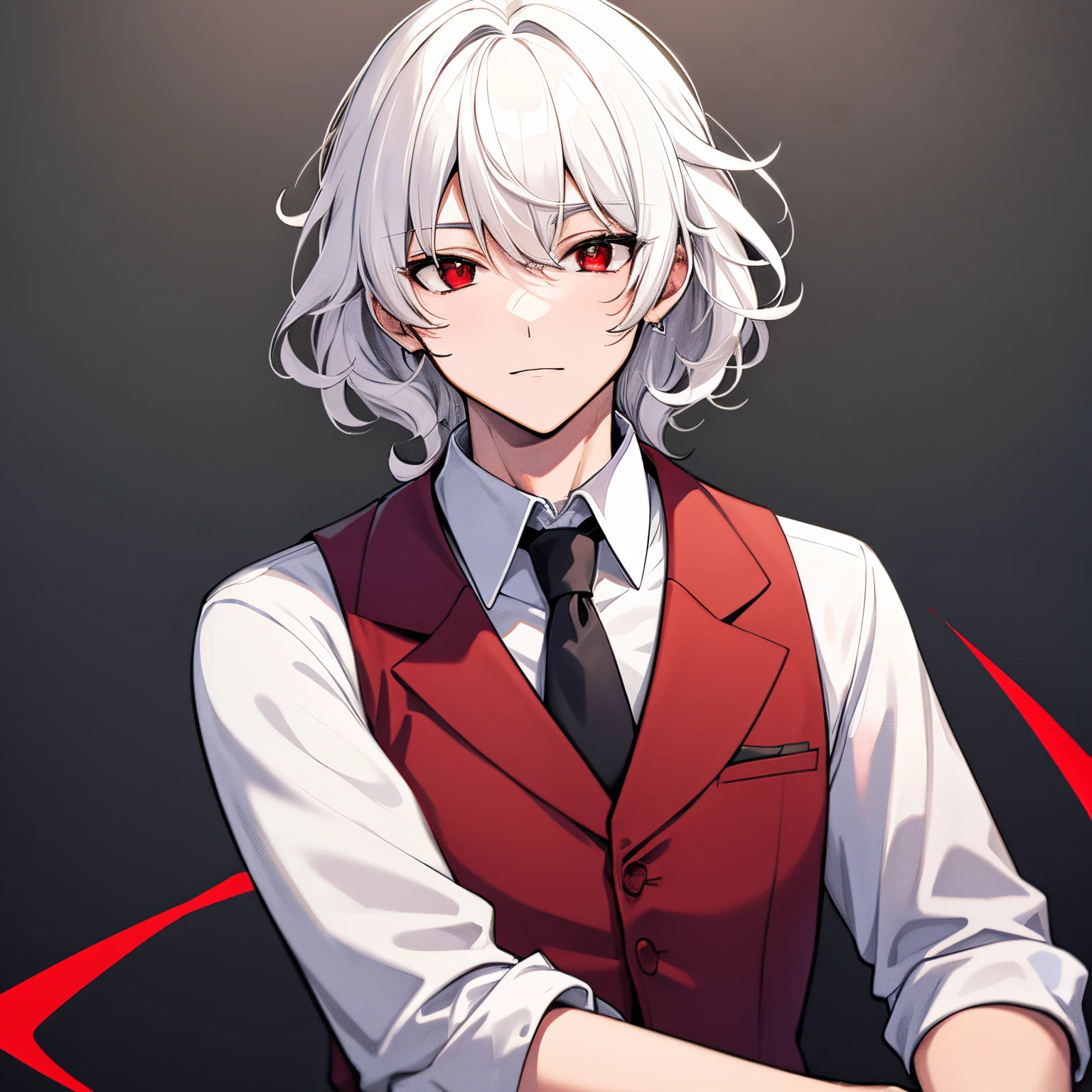 Medium curly hair, white hair, one man, red eyes, wearing vest