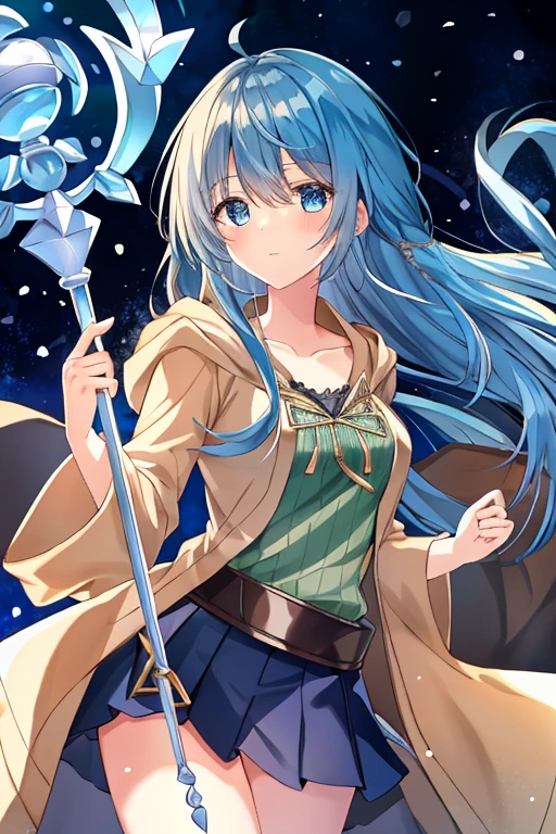 masterpiece, best quality, ultra high quality cg, eria ygo, 1girl, solo, long hair, looking at viewer, skirt, shirt, long sleeves, holding, hair between eyes, medium breasts, closed mouth, collarbone, cowboy shot, pleated skirt, open clothes, hood, wide sleeves, black skirt, blue background, hood down, staff, robe, green shirt, holding staff, duel monster, ribbed shirt, open robe, hooded robe
