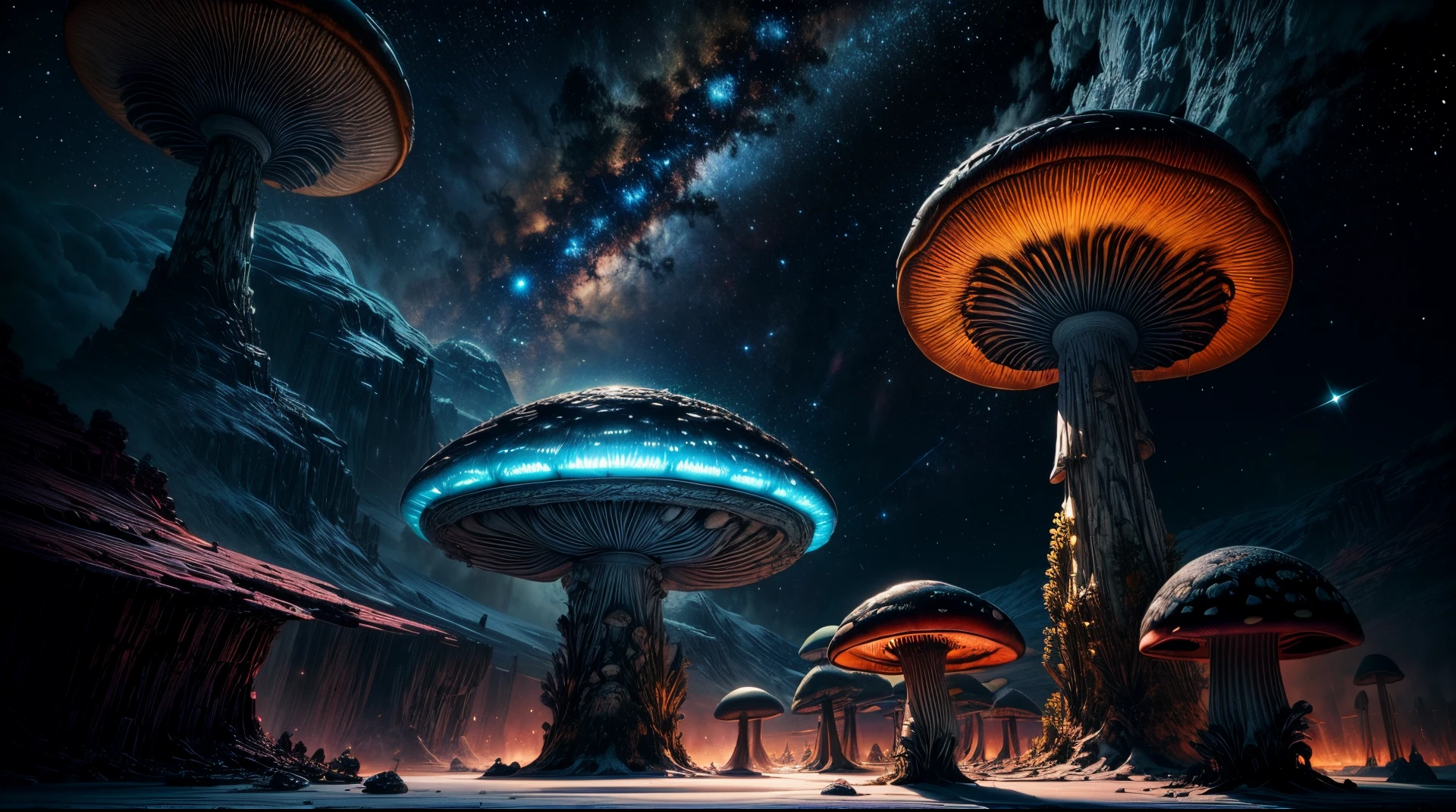 "Science fiction landscape, luminous ((mushrooms)), interstellar clouds, breathtaking colors, celestial bodies, futuristic atmosphere, (captivating composition), alien terrain, cosmic beauty,