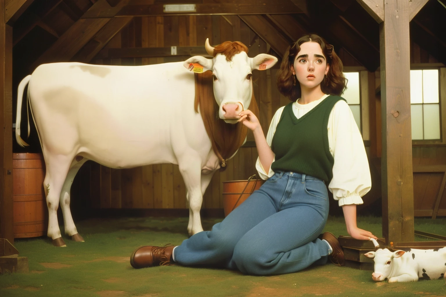 1998, Berkshire County, Massachusetts. Pre-raphaelite ((((46-year-old)) Jennifer Connelly)), inside a barn, kneeling down next to a cow, ((((casual Clothing from the 1990s)))), ((short Hairstyle of the 1990s)), ((Wes Anderson cinematic style)), colorful