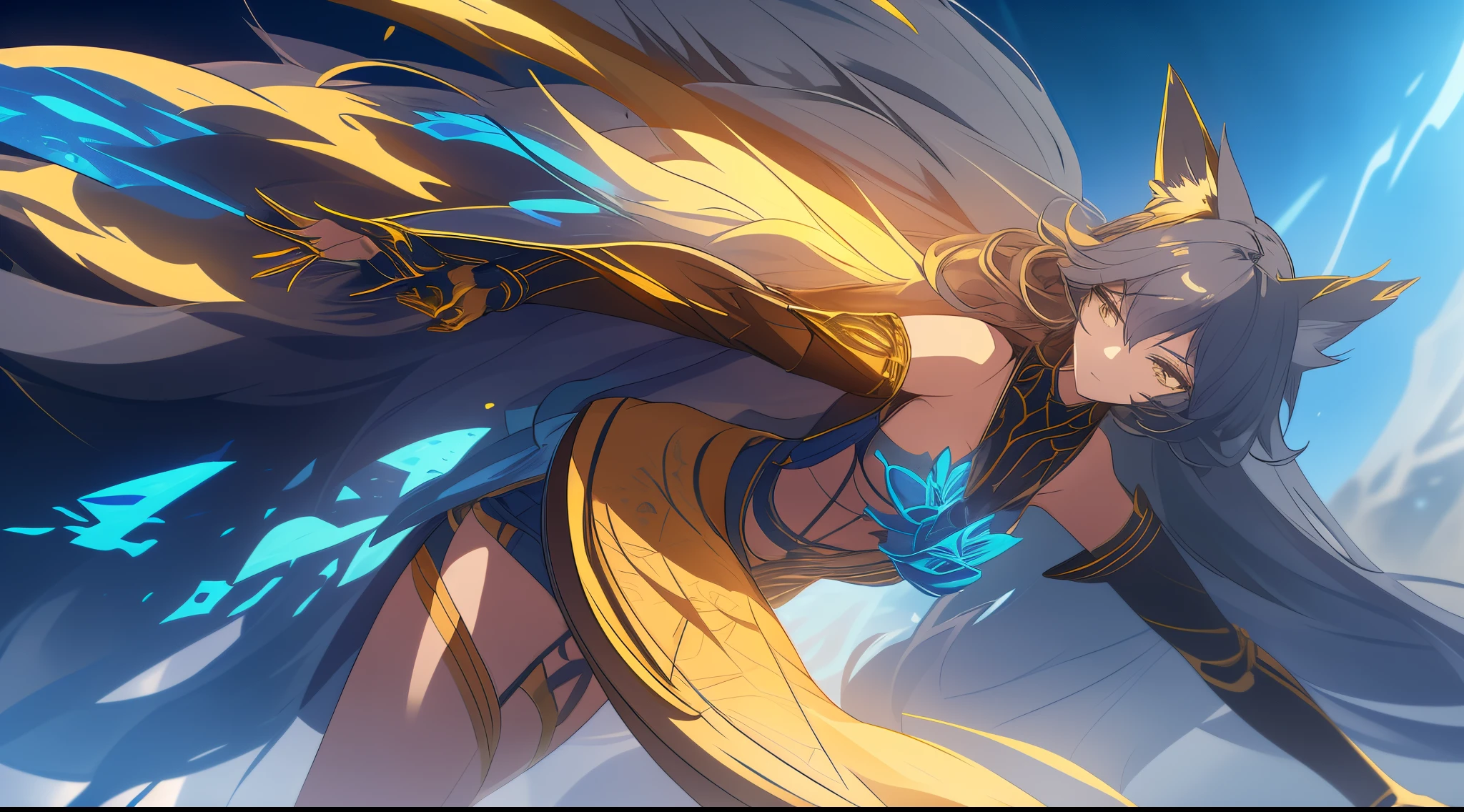 （（Wearing black and gold armor）），（gem outfit ），（Octane rendering 1.1 ），（（The body is wrapped in a blue-gray phantom）），（（Game skin design drawing）），（girl fox），Raised sexy，（（Blue flames fly in the wind）），feminine expression，Dancing in the air