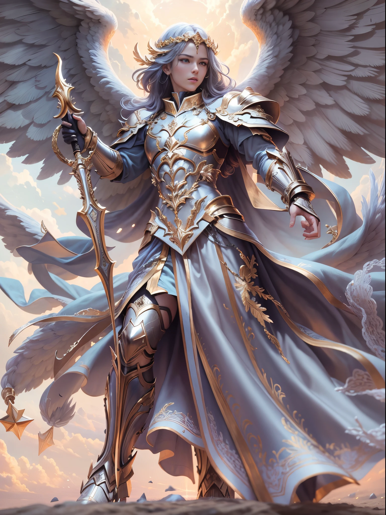 Archangel Michael、The Four Archangels、masutepiece,Best Quality,ultra-detailliert,hight resolution,hight resolution,4K,Portrait in 4K,8K,8K Portrait,Unity 8k壁纸,extremely details CG,Realistic,Raw photo,Real person,a portrait photo of,Photorealistic,Shiny skin,Detailed skin,Fighting figure、Fighting figure、fight the light、fight with love