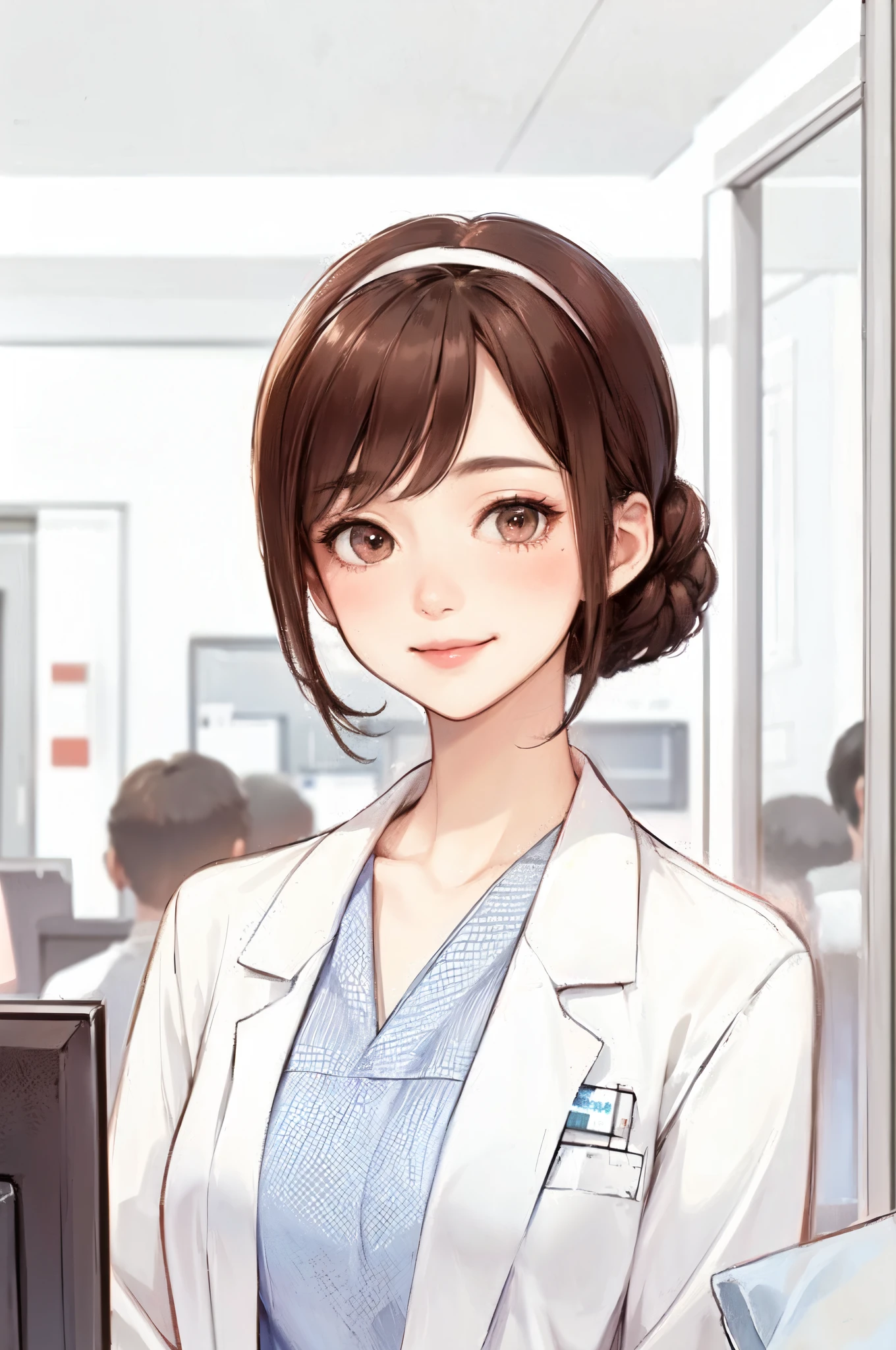 1lady solo, nurse, /(nurse uniform/), mature female, /(brown hair/), blush kind smile, (masterpiece best quality:1.3) delicate illustration ultra-detailed, large breasts BREAK /(hospital reception/) indoors