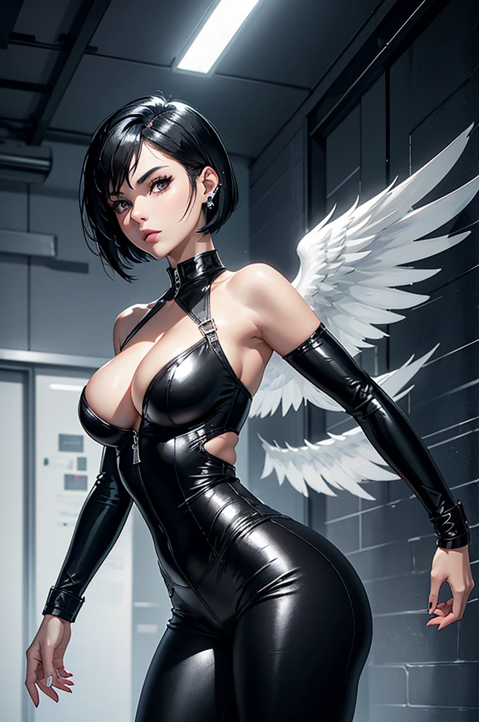 Create an artwork of a beautiful woman with short black hair, imposing, pretty face, 26 years old, with silver headphones, silver jacket, with silver wings, well-manicured nails, silver skin-tight pants, with thick silver soles and high heels , Glossy, Chrome, Detailed, 8k