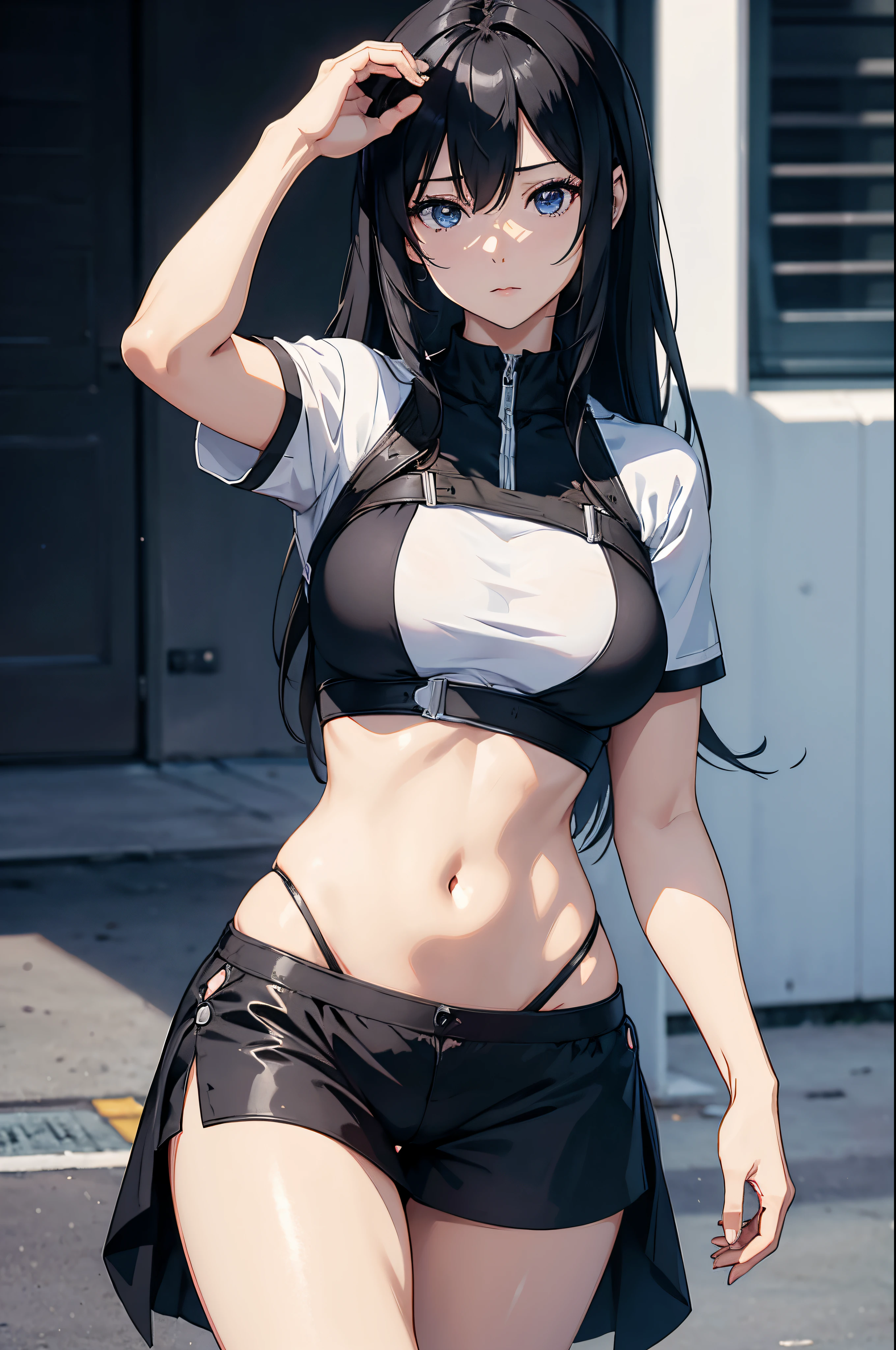 Woman wearing white short sleeves and black leggings posing for photo, Exposing the abdomen，The figure is good，The head is not exposed，[ 4K realism ]!!, [ 4K realism ]!!!, [ 4K digital art ]!!, Realistic shadow perfect body, realisticlying!!!!!!! art-style, photorealistic anime, by Shitao, Popular topics on cgstation, Casual pose, realistic anime 3D style