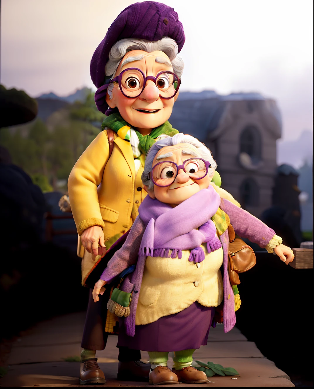 masterpiece, best quality, an old woman with glasses and a scarf on, wearing a purple coat and green scarf, standing at the park