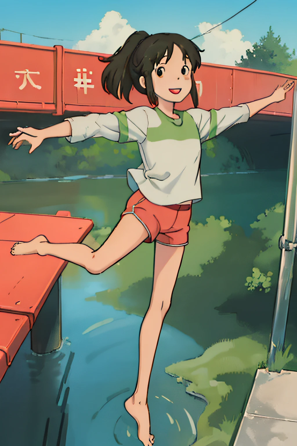 (masterpiece:1.4), (best qualit:1.4), (high resolution:1.4), ogino chihiro, smile, ponytail, long arm shirt, red shorts, barefoot, railroad tracks, balancing, outstretched arms,  water ,colorful, high contrast