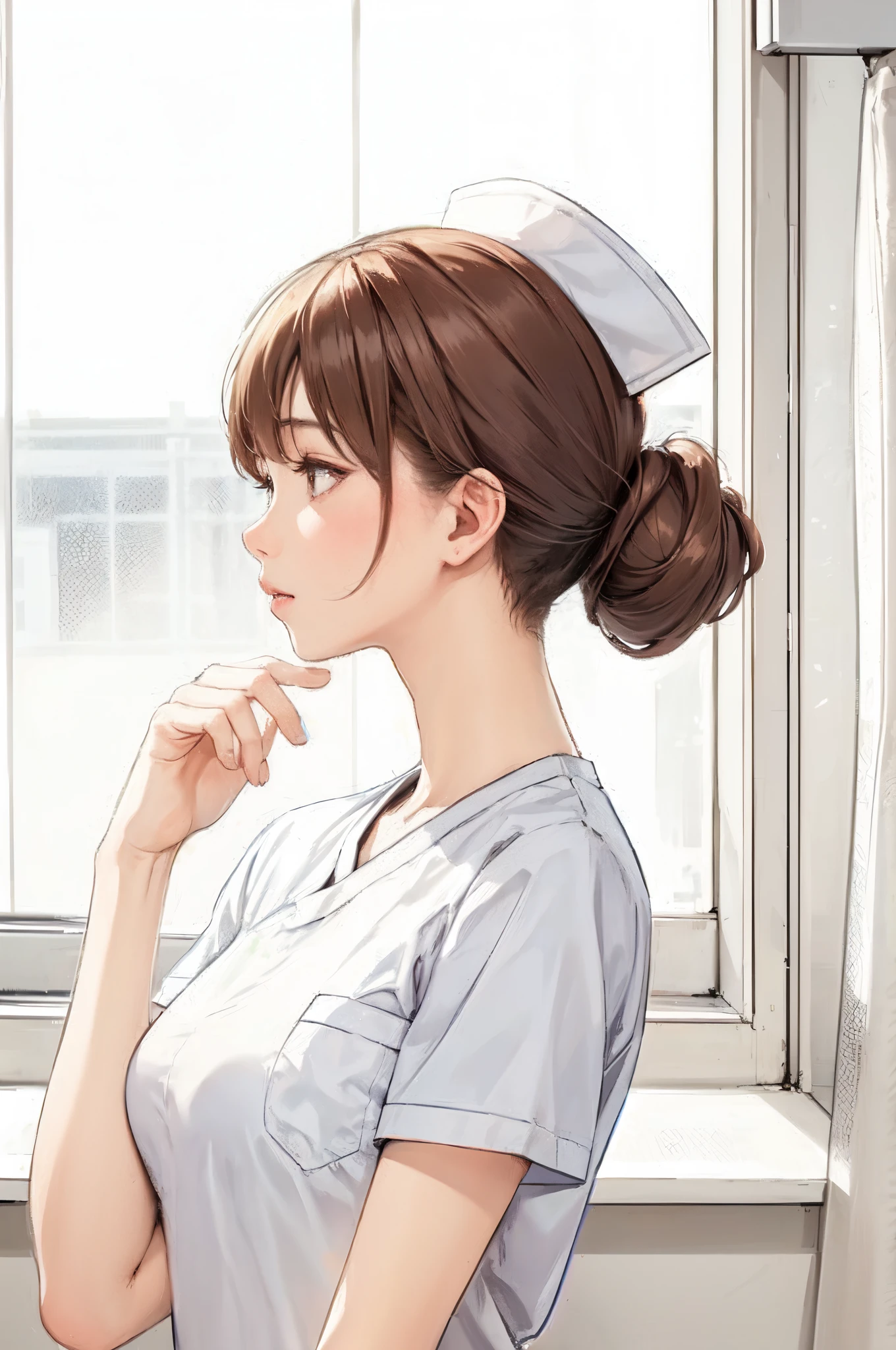 1lady solo, nurse, /(nurse uniform/), mature female, /(brown hair/) hair up, facing away, (masterpiece best quality:1.3) delicate illustration ultra-detailed, large breasts BREAK /(hospital indoors/) window