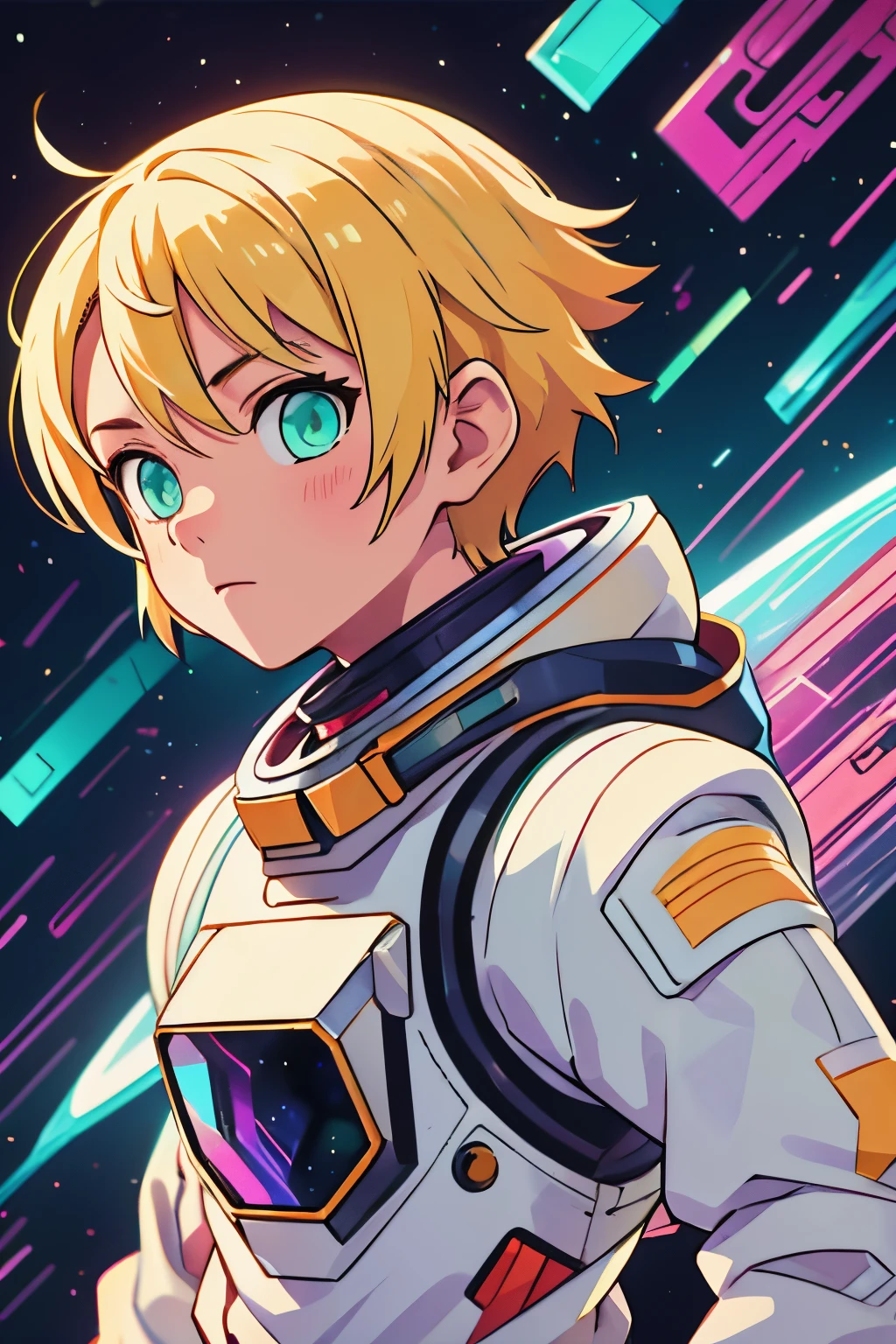 anime boy, blonde hair, space suit, floating in space