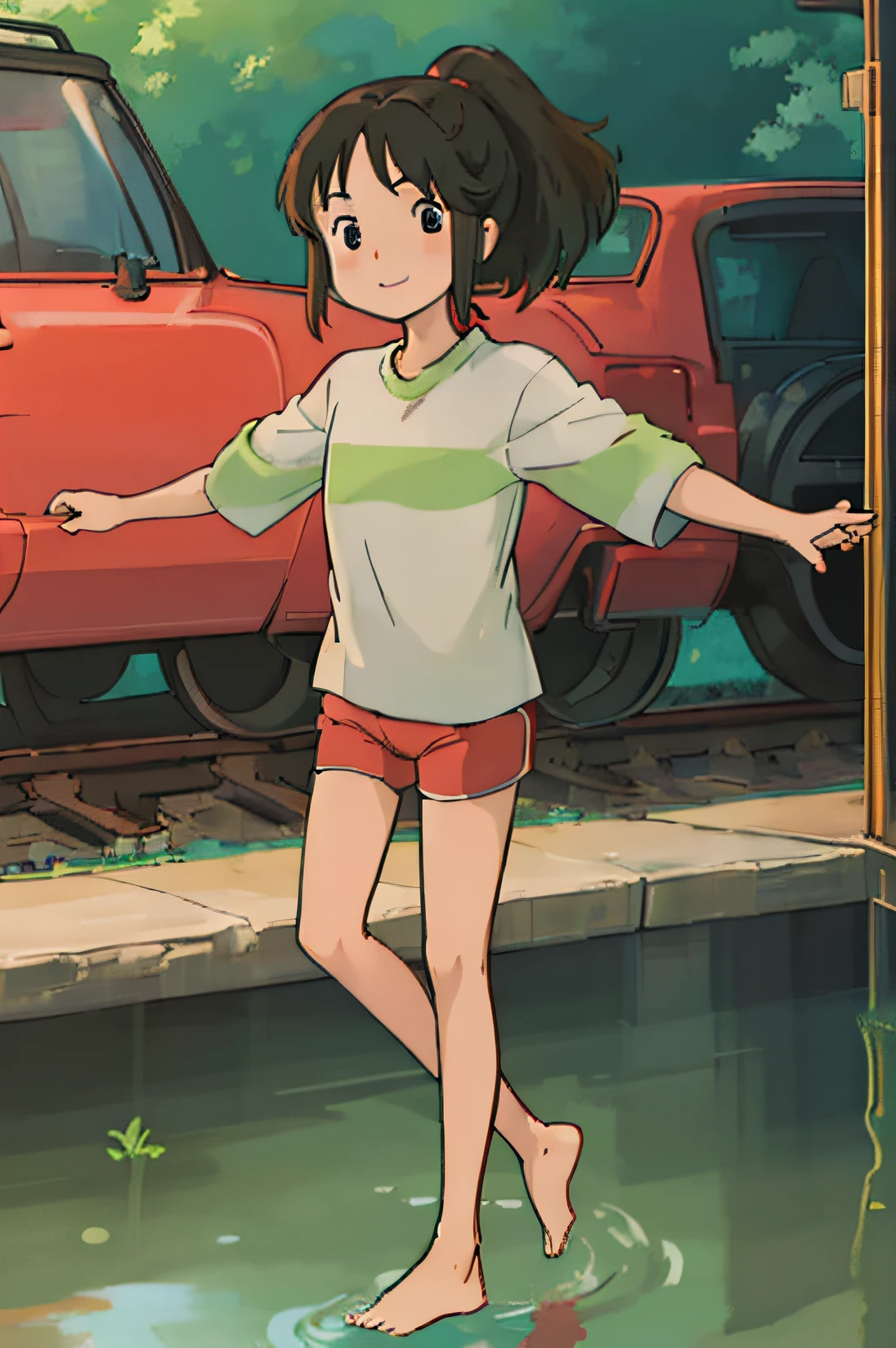 (masterpiece:1.4), (best qualit:1.4), (high resolution:1.4), ogino chihiro, smile, ponytail, long arm shirt, red shorts, barefoot, railroad tracks, balancing, outstretched arms,  water ,colorful, high contrast