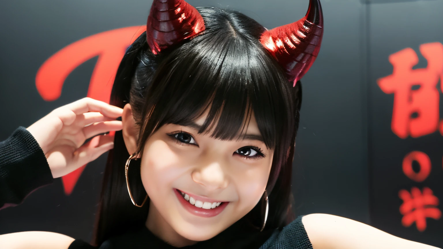 (from above), (upper body image), (idol, celebrity), (angry smile),
Please draw a picture of (Evil Demon Shiba Inu Bishoujo). It has black wings and a beautiful red rouge face. Her body is muscular and her head has horns. (a wicked smile on her face) and her eyes glow red. Please draw in a way that creates an overall scary atmosphere. Also, do not draw hands or fingers, but use the pose of the body. Please provide high-quality, realistic images.