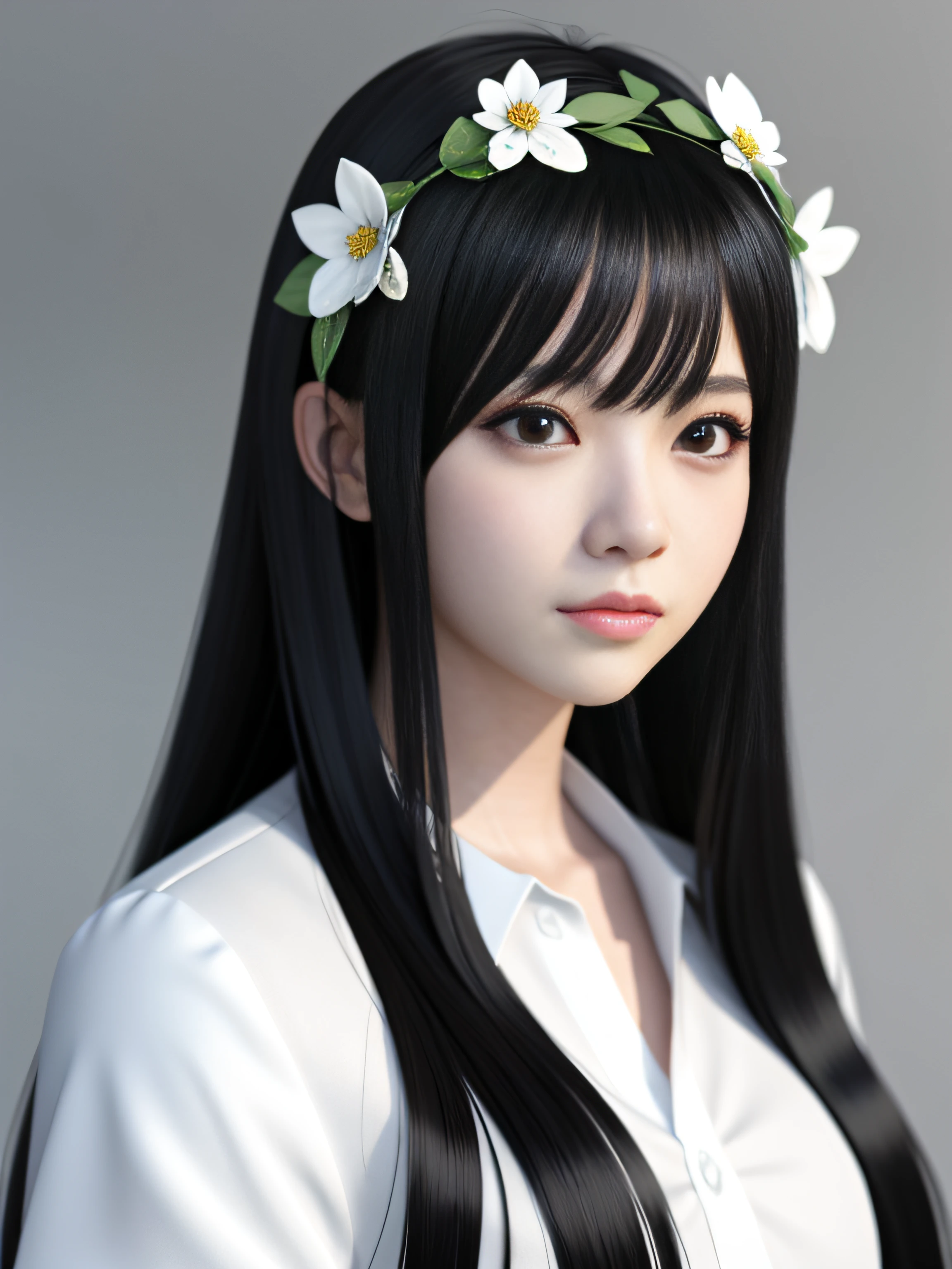 Anime girl with long black hair in white shirt and flower crown, Beautiful Anime Portrait, Stunning anime face portrait, Beautiful anime girl, kawaii realistic portrait, detailed portrait of an anime girl, Portrait Anime Girl, realistic anime 3 d style, realistic young anime girl, realistic anime art style, young anime girl, Anime Realism Style, Realistic anime art style