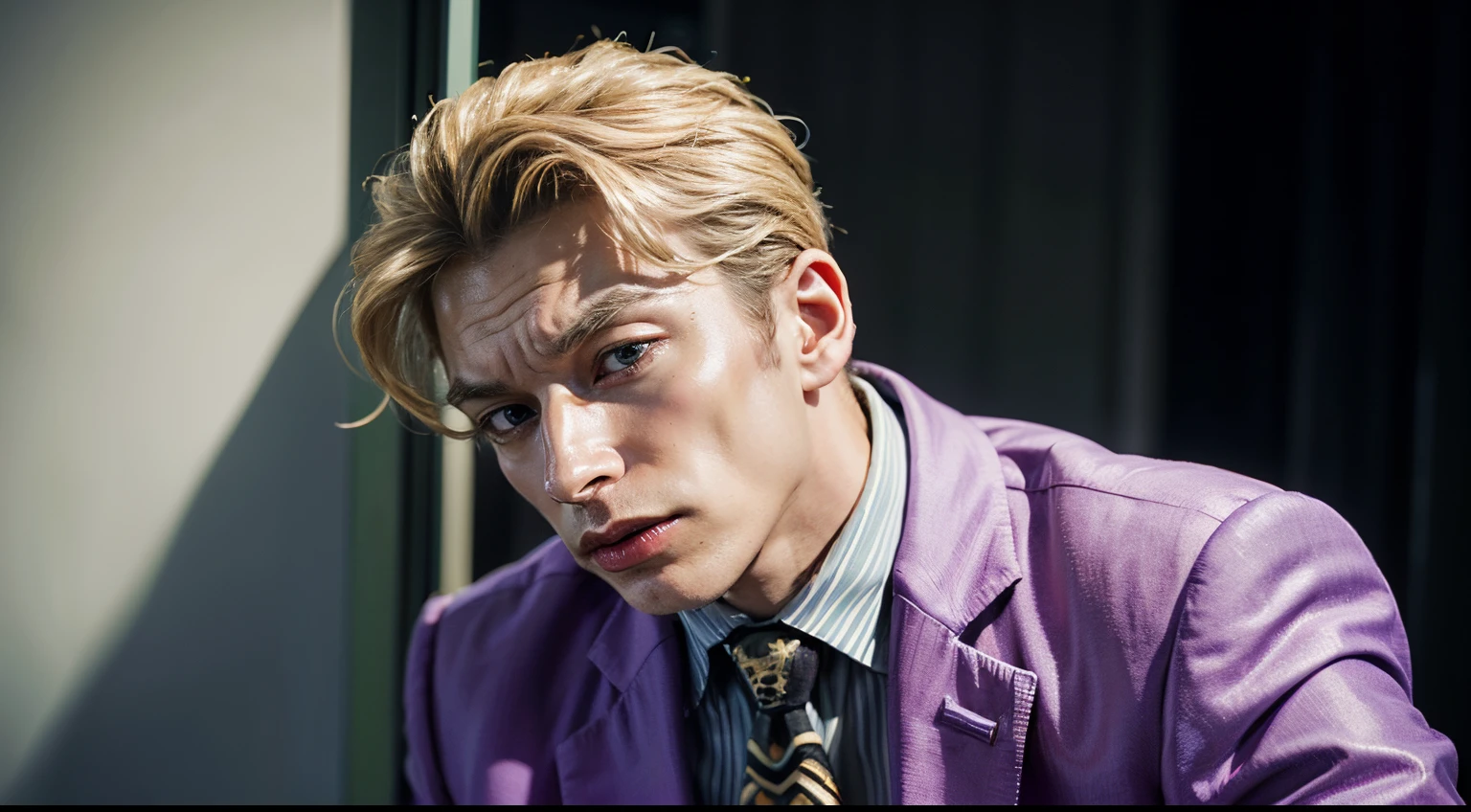 (masterpiece, best quality:1.2), cowboy shot, solo, male focus, 1boy, kira yoshikage, expressonless, closed mouth, looking at viewer, formal, striped, suit, necktie