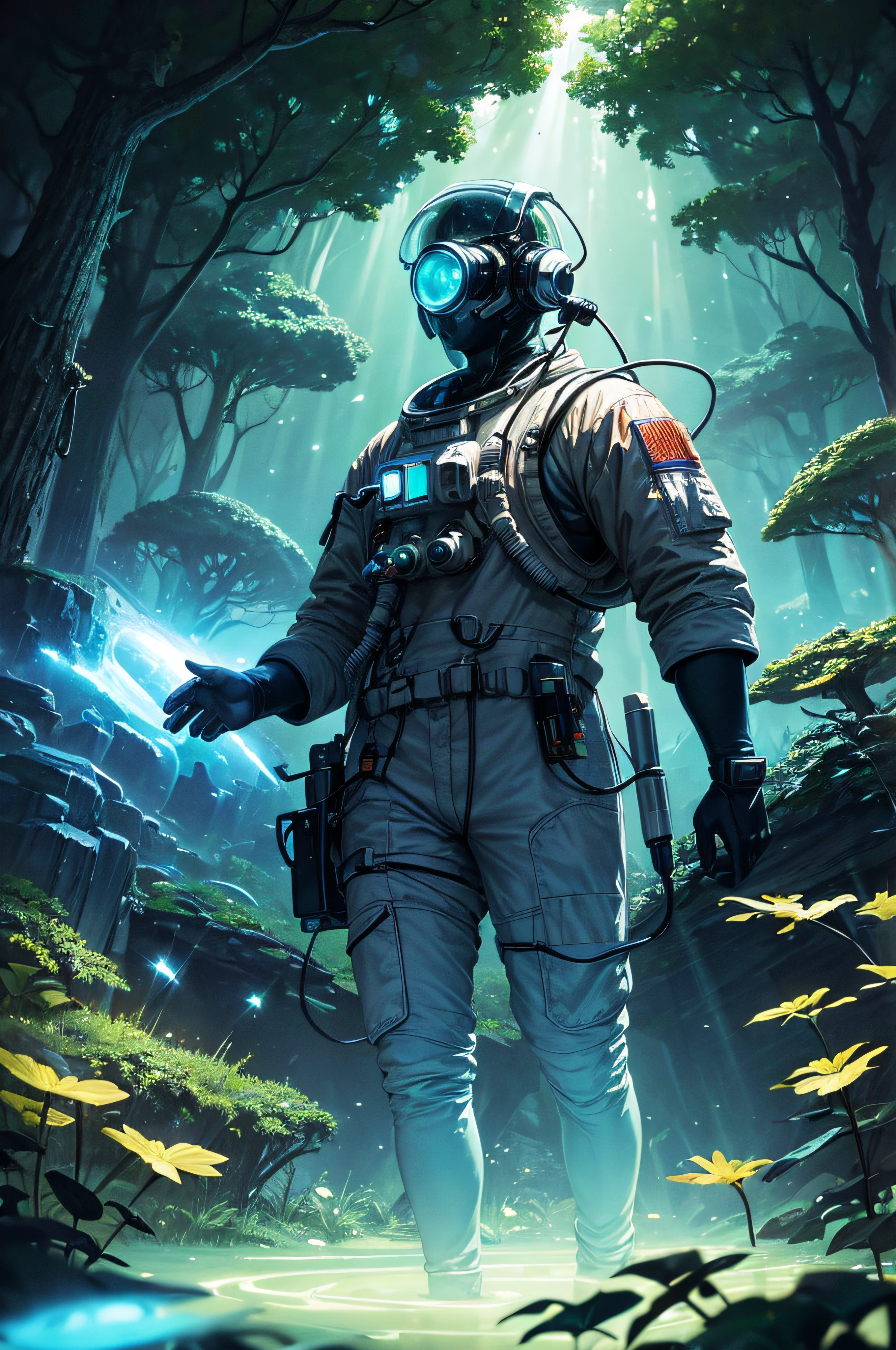 Ultra detailed illustration of an astronaut with headphone holding an old radio lost in a magical world of wonders, glows, bioluminescent plants and trees, incredibly detailed, bright colors, SHARP PHOTO , , bioluminescence UHD M-SHOT This masterfully executed image, with its meticulous brushwork and sublime color palette, immerses spectators in a captivating tale of nocturnal splendor.